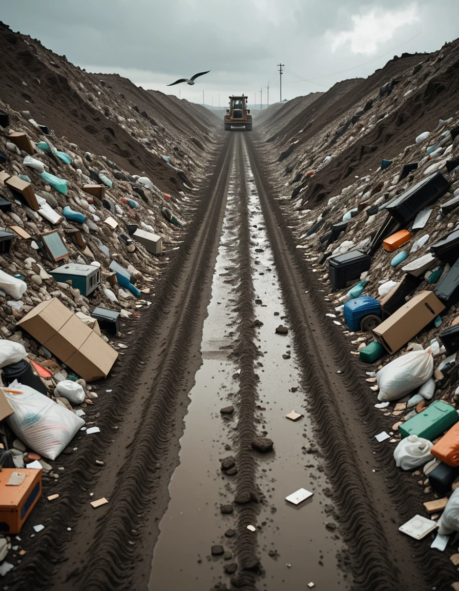 A wide, desolate landscape of a public landfill stretching across the horizon under a cloudy gray sky. Piles of mixed garbageâplastic bags, broken furniture, rusted metal, old electronics, and decaying organic wasteâare scattered in uneven mounds. Seagulls circle overhead while stray dogs rummage through the debris. In the distance, a bulldozer pushes trash into larger heaps, and a faint haze rises from decomposing matter. The ground is muddy and littered with fragments, creating a chaotic, grim atmosphere. No people are present.public l4ndf1ll, <lora:public_l4ndf1llv2-i:1>, Masterpiece,best quality,hi res,8k,hi res,8k,award winning,(sharp focus, intricate, highly detailed),