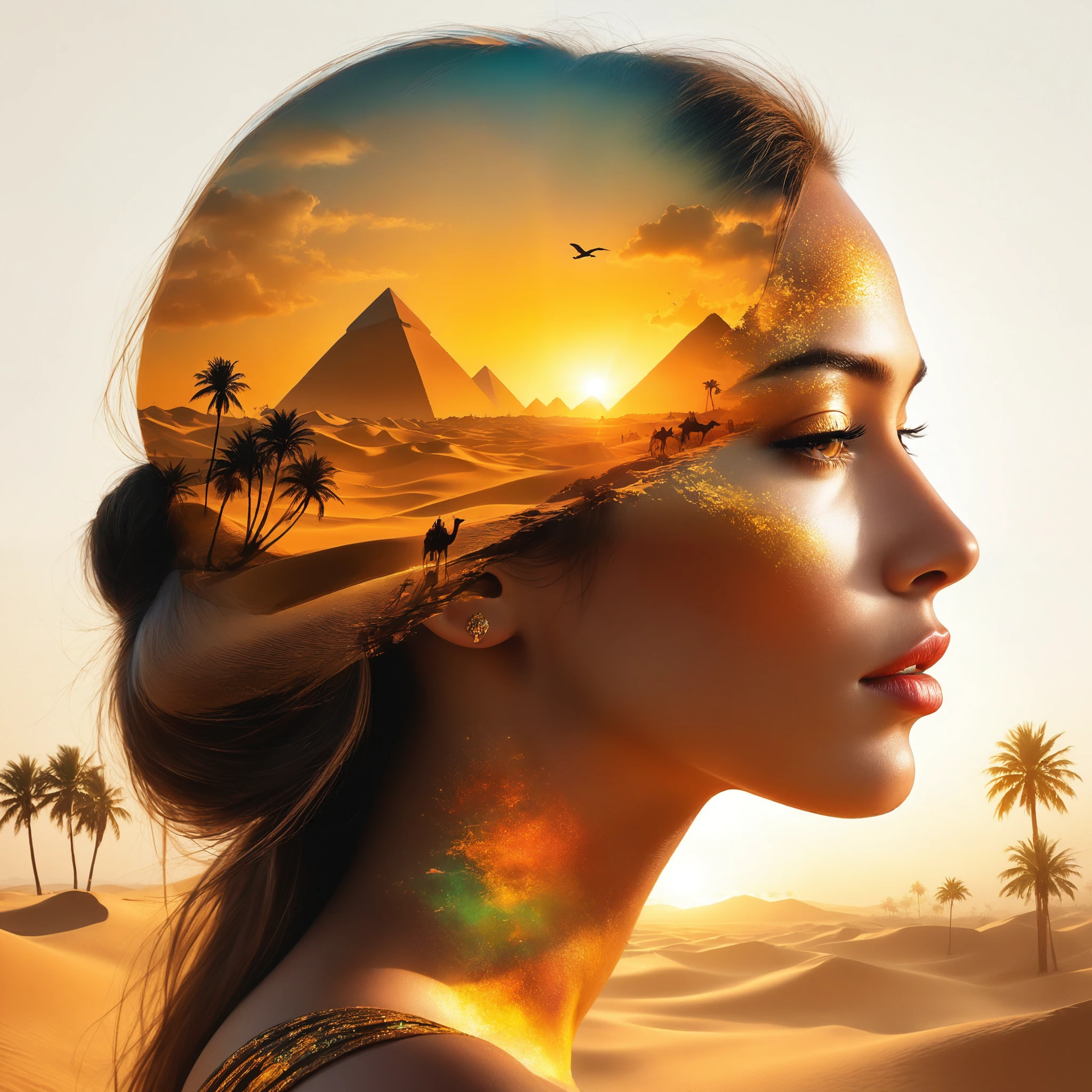 rating_safe, breathtaking detailed, masterpiece, absurdres, awe-inspiring, best quality, vibrant colors, mirage split, double exposure portrait of a serene woman in profile, BREAK, inside her silhouette a vivid desert landscape with golden pyramids at sunset, lush palm trees surrounding an oasis, two travelers on camels crossing the sand, [warm glowing sky with dramatic clouds], seamless blending between face and scenery, soft light transitions, masterpiece, ultra detailed, (cinematic composition), BREAK, [gentle depth of field], [realistic skin texture], high resolution   <lora:sdxl_CrazyCharacter-Style.safetensors:0.5:0.5> <lora:sdxl_ta86artstyle_mirage_split.safetensors:0.4:0.4>