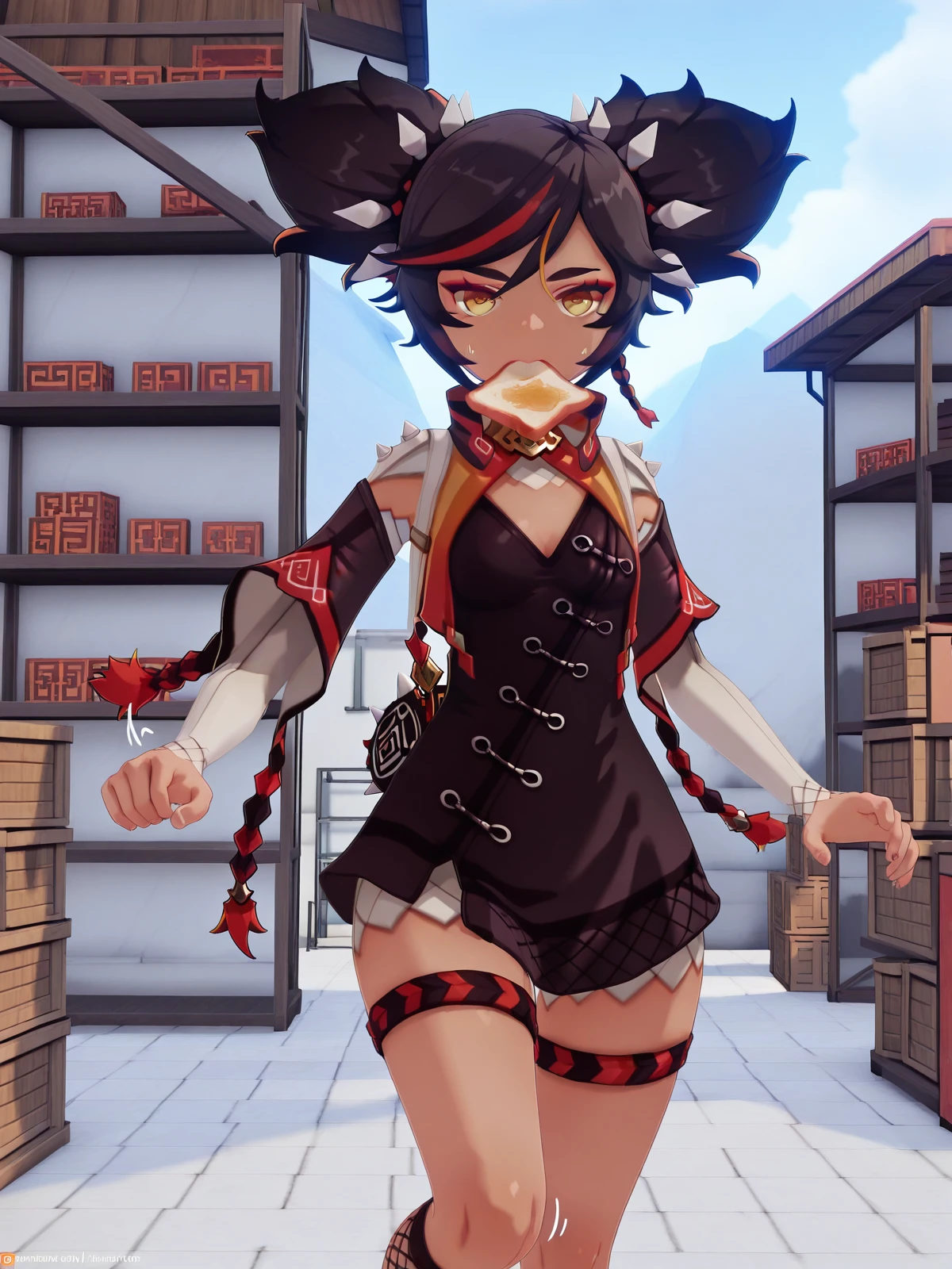 masterpiece, best quality, amazing quality,, <lora:genshin-xinyan-ingame-illustriousxl-lora-nochekaiser:1>, xinyan, xinyan (genshin impact), black hair, twintails, yellow eyes, multicolored hair, red hair, dark skin, streaked hair, dark-skinned female, spikes, hair ornament, mature female, small , 3d, shorts, black dress, long sleeves, detached sleeves, kneehighs, thigh strap, chinese clothes, fishnets, fishnet socks, <lora:food-in-mouth-running-illustriousxl-lora-nochekaiser:1>, food in mouth running, food in mouth, running, bread, bread slice, food, toast in mouth, toast, sweatdrop, motion lines, motion blur, outdoors, feet out of frame, warehouse, storage, shelves, boxes, large, cowboy shot, solo, looking at viewer,