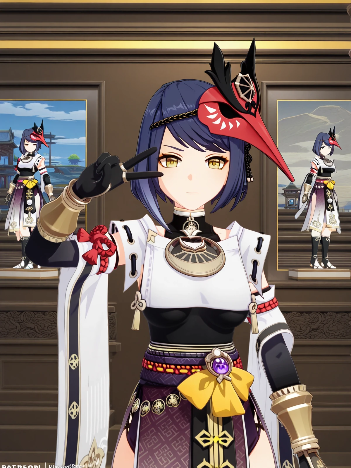 masterpiece, best quality, amazing quality,, <lora:genshin-sara-kujou-ingame-illustriousxl-lora-nochekaiser:1>, sara kujou, kujou sara, blue hair, short hair, swept bangs, yellow eyes, mature female, breasts, 3d, bird mask, gloves, leotard, bracer, detached sleeves, elbow gloves, gloves, japanese clothes, jewelry, leotard, mask, mask on head, obi, pelvic curtain, pendant, sash, sleeveless, vision (genshin impact), wide sleeves,, v, v over eyes,, museum, exhibits, art, history, visitors, cowboy shot, solo, looking at viewer,