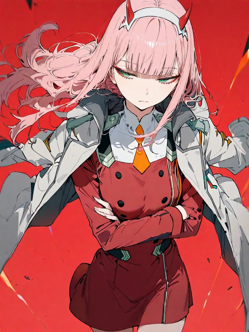 1girl, kawaii, zero two \(darling in the franxx\), darling in the franxx, sulking, looking side, bangs, black eyeliner, blunt bangs, closed mouth, coat, cowboy shot, crossed arms, dress, green eyes, hairband, horns, long hair, military, military uniform, necktie, oni horns, orange necktie, pink hair, red background, red dress, red horns, standing, straight-on, uniform, white coat, white hairband, 
masterpiece, best quality, very aesthetic, depth of field, perfect eyes, depth of field,