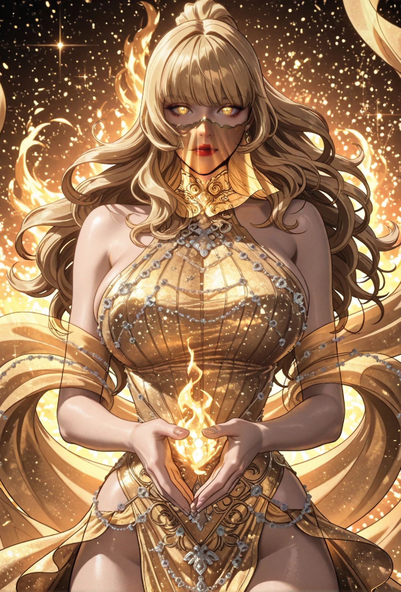 1girl, solo, looking_at_viewer, eyelashes, glowing_eyes, yellow_eyes, red lipstick, long_hair, wavy_hair, blonde_hair, high_ponytail, half_updo, hime_cut, blunt bangs, hair_over_one_eye, hair_ornament, hair_flower, veil, face_veil, jewelry, earrings, necklace, ornate_necklace, gemstone, pendant, bare_shoulders, collarbone, belly, navel, large_breasts, narrow_waist, wide_hips, huge_breasts, strapless_dress, golden_dress, elegant_dress, floating_ribbons flowing_fabric, floating jewelry, around arms, around waist, sparkles, glowing, fantasy, goddess, magical_girl, high_slit_dress, dramatic_lighting, detailed_background, magical_effect, glowing_runes, celestial_background, starry_background,