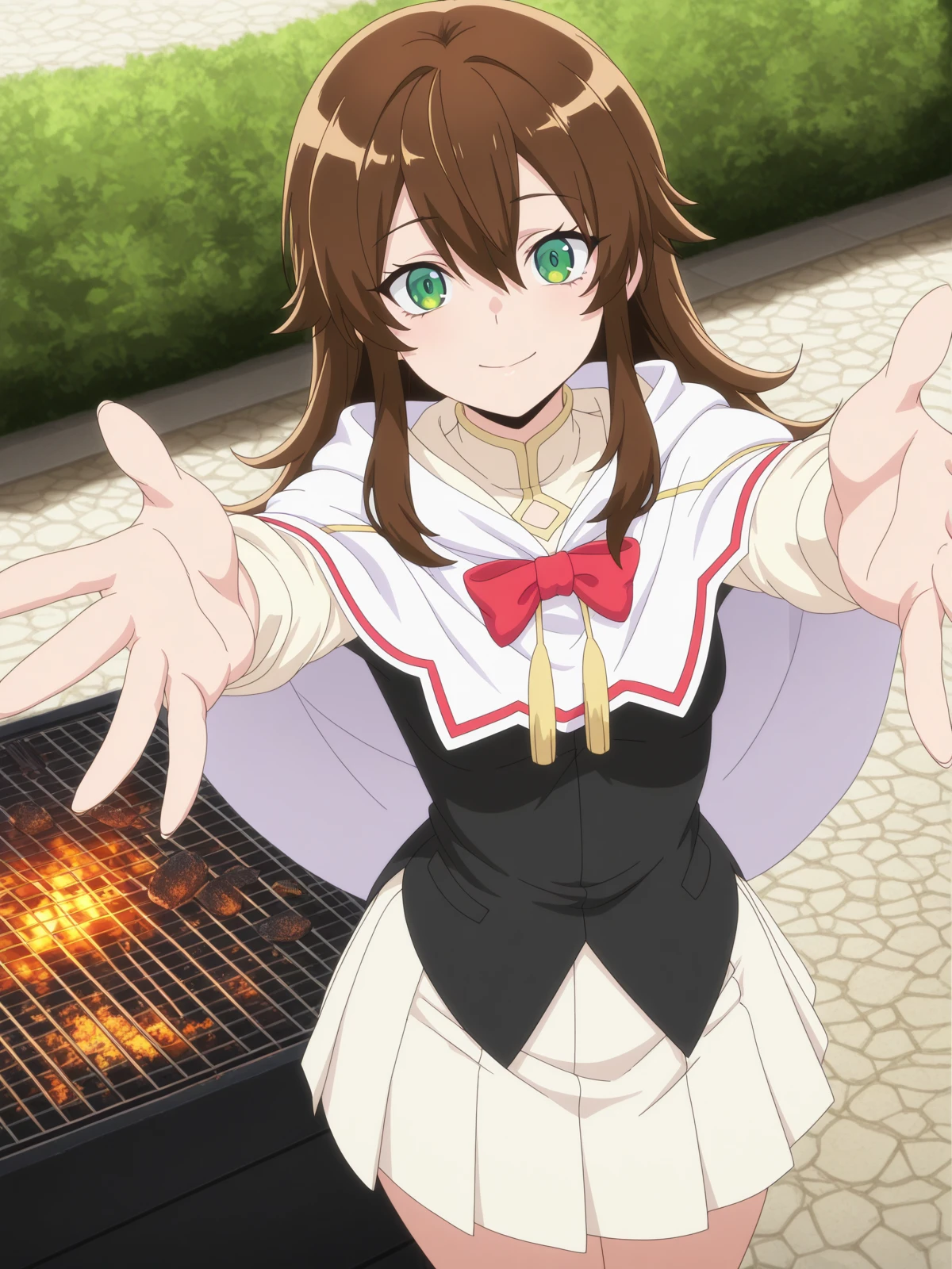 masterpiece, best quality, amazing quality,, <lora:saikyoutank-nin-s1-illustriousxl-lora-nochekaiser:1>, nin, long hair, brown hair, hair between eyes, green eyes, mature female, small , anime screencap, skirt, bow, red bow, capelet, white skirt, white capelet, black shirt, pleated skirt,, on back, arm support, arms up, incoming hug, pov, reaching, reaching towards viewer,, backyard, barbecue, grilling, laughter, summer evening, cowboy shot, solo, looking at viewer,