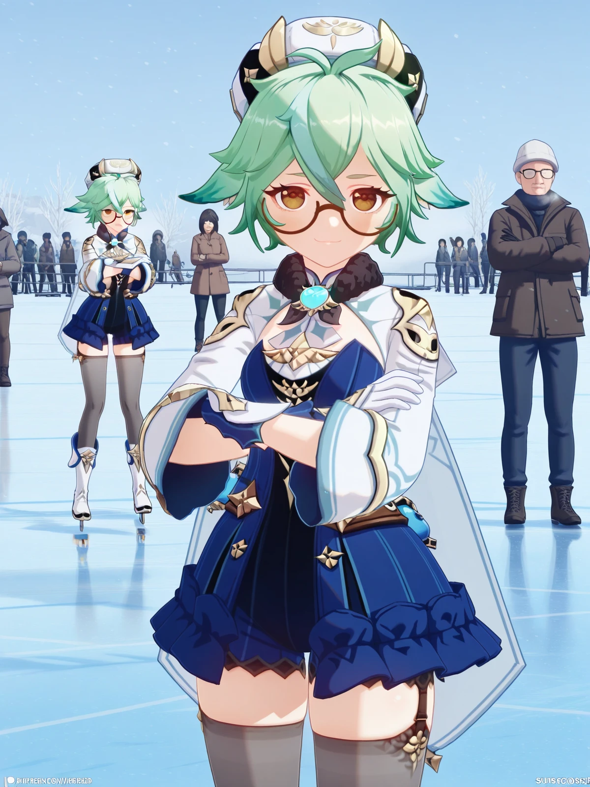 masterpiece, best quality, amazing quality,, <lora:genshin-sucrose-ingame-illustriousxl-lora-nochekaiser:1>, sucrose, sucrose (genshin impact), ahoge, animal ears, brown eyes, glasses, gradient hair, hair between eyes, messy hair, multicolored hair, semi-rimless eyewear, short hair, mature female, small breasts, 3d, frills, fur collar, gem, gloves, green thighhighs, long sleeves, thighhighs, white headwear, zettai ryouiki, skirt, blue skirt,, crossed arms, smug, skating rink, ice, people, winter, fun, cowboy shot, solo, looking at viewer,