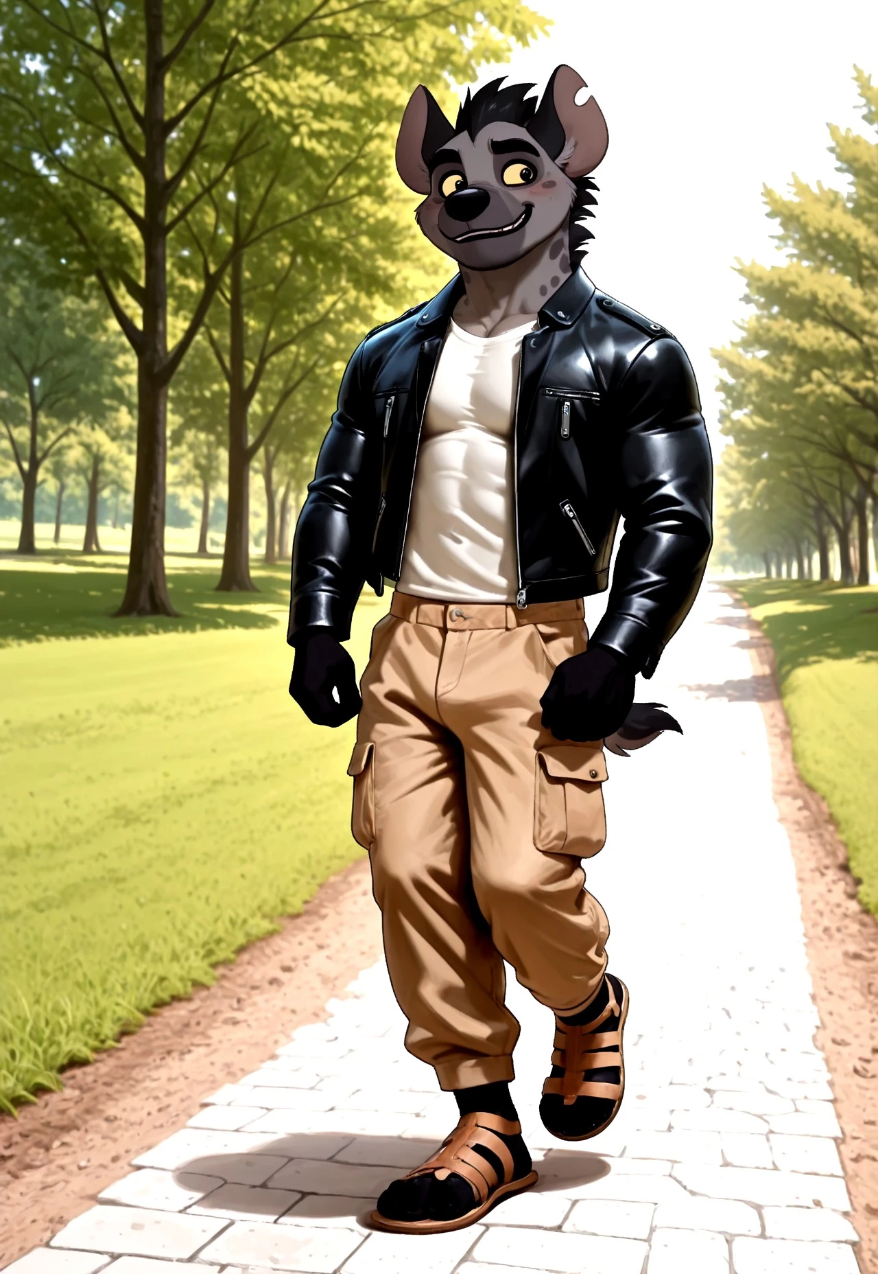 score_9, score_8_up, score_7_up, (best quality), ultra-detailed, high resolution, 8k, masterpiece, best quality, amazing quality, solo, 1boy, male, anthro, Janja, hyena boy, furry male, bara, black nose, yellow sclera, dark grey spotted fur, short tail, athletic, toned arms, black hands, black feet, walking in the park, shy smiling, leather jacket, cargo pants, fency leather sandals, nice furry feet, plantigrade, greeksandals, brown sandals, looking aside, shy, blush, yellow sclera, 