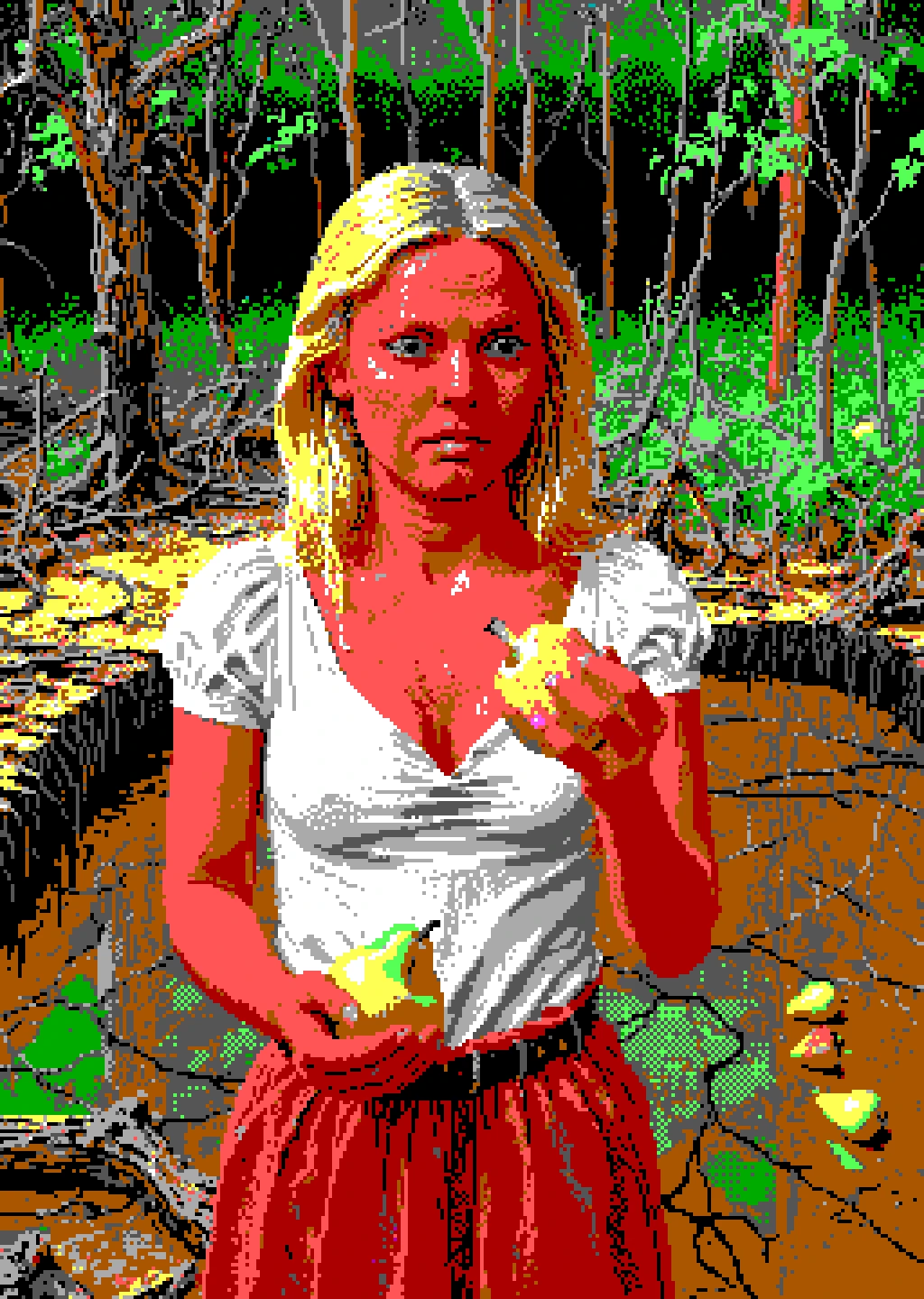 <lora:dosega-il:1> restricted palette, flat colors, 1girl, solo, blonde hair, white shirt, red dres, young, swamp, holding a pear, fruit,, best quality, high quality, masterpiece,