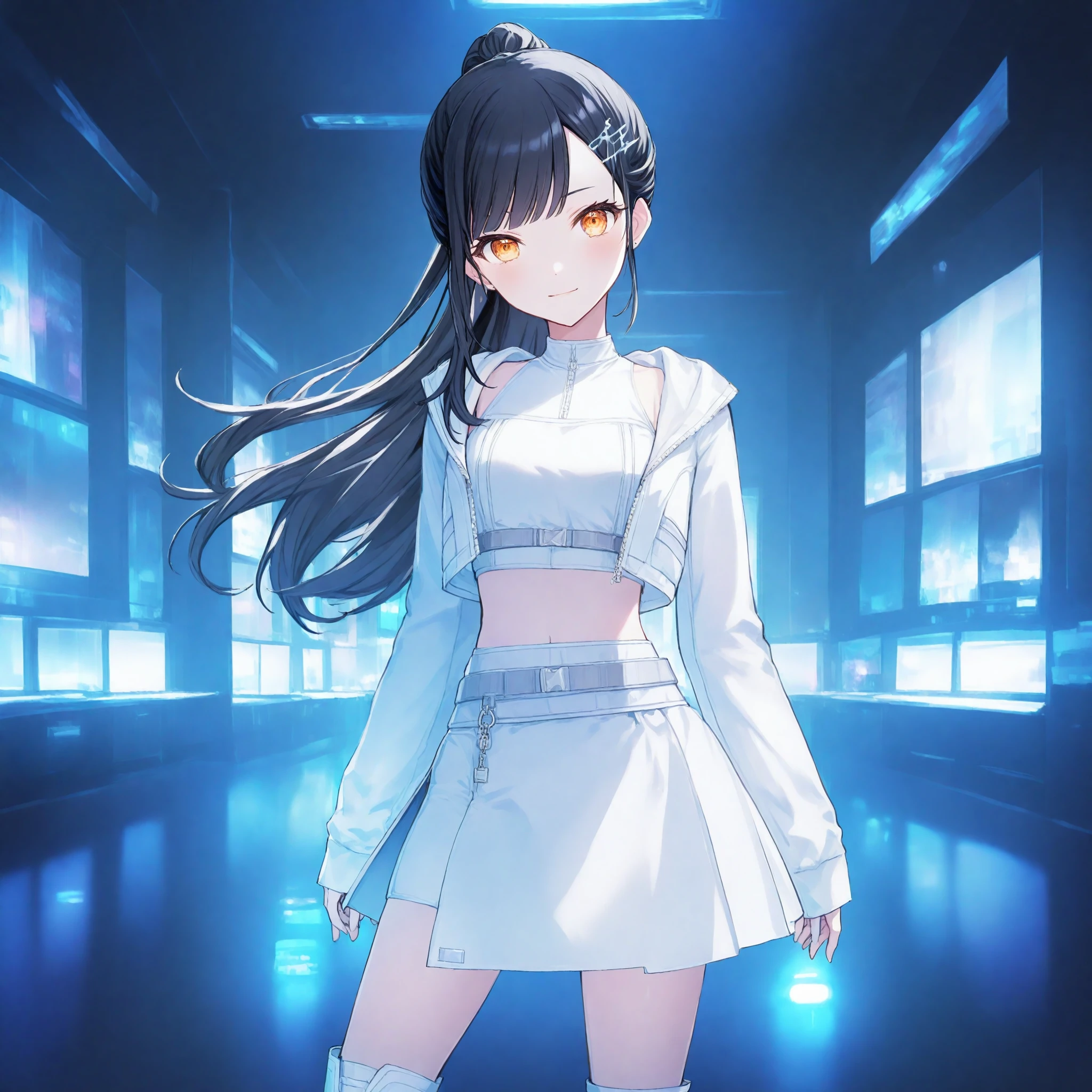 nijistyle, 1girl, (shiraishi an:0.1), project sekai, solo,
purean, black hair, (ponytail:1.4), orange eyes, (blunt end:1.4), blunt bangs, four fingers and thumb,
looking at viewer, light smile, head tilt, standing, contrapposto, arms at side,
shorts under skirt, asymmetrical skirt, white short shorts, white skirt, crop top, boots, white jacket, cropped jacket, white footwear, midriff, white shirt, long sleeves, grey belt, zipper, sleeves past wrists, knee boots, sleeveless,
midnight, dark, indoors, blue glowing, cyber world,
masterpiece, best quality, amazing quality, very aesthetic, highres, ultra detailed,
<lora:hand 5.5:1>, <lora:ObIL-style-nijistyle02:0.8>, <lora:ObIL-vbs-PureFighter01:0.6>