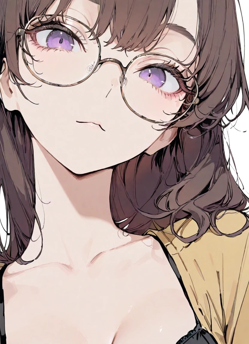 1girl, solo, brown hair, long hair, purple eyes, glasses, yellow collarless jacket, cleavage, portrait, white background, looking at viewer, 
masterpiece, best quality, very aesthetic, depth of field, perfect eyes,