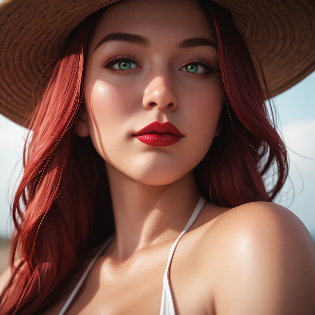 <lora:5M0K3Y51R33N:1> <lora:SmoothNegative_Hands-neg:1> score_9, score_8_up, score_7_up, masterpiece, best quality, 1girl, Milf, solo, 5M0K3Y51R33N, modelling headshot, portrait, from the shoulders up, hat, halter top, looking at viewer, red hair, long hair, green eyes, detailed hair, eye shadow, lipstick, seductive expression, SmoothNoob_Positive, dynamic perspective