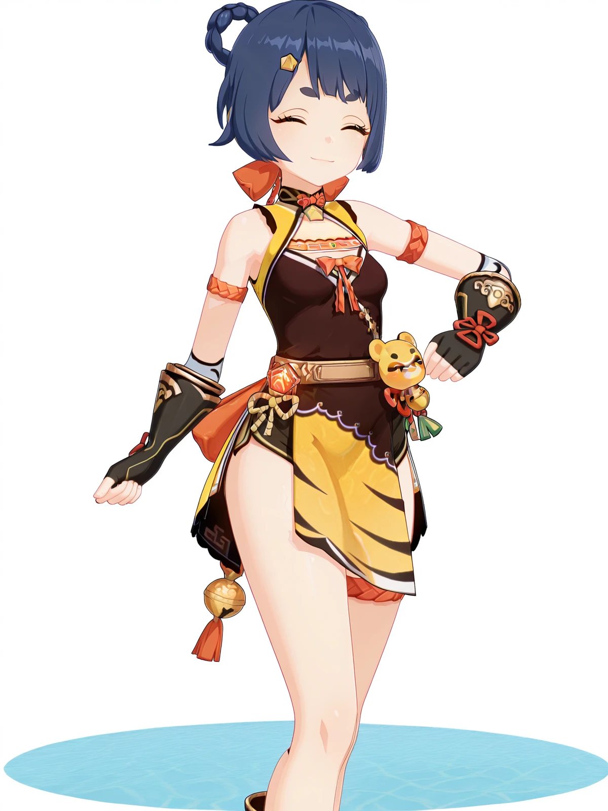 masterpiece, best quality, amazing quality,, <lora:genshin-xiangling-ingame-illustriousxl-lora-nochekaiser:1>, xiangling, xiangling (genshin impact), blue hair, braid, braided hair rings, hair ornament, hair rings, hairclip, yellow eyes, mature female, small breasts, 3d, arm strap, bare shoulders, bell, belt, black footwear, black gloves, boots, brown belt, cleavage, cleavage cutout, clothing cutout, dress, fingerless gloves, gloves, high heels, jingle bell, thigh strap,, <lora:zui-zui-dance-illustriousxl-lora-nochekaiser:1>, zui zui dance, dancing, closed eyes, smile, cowboy shot,, pool, water, lifeguard, swim_lane, float, cowboy shot, solo, looking at viewer, <lora:transparent-background-illustriousxl-lora-nochekaiser:1>, transparent background, simple background, white background