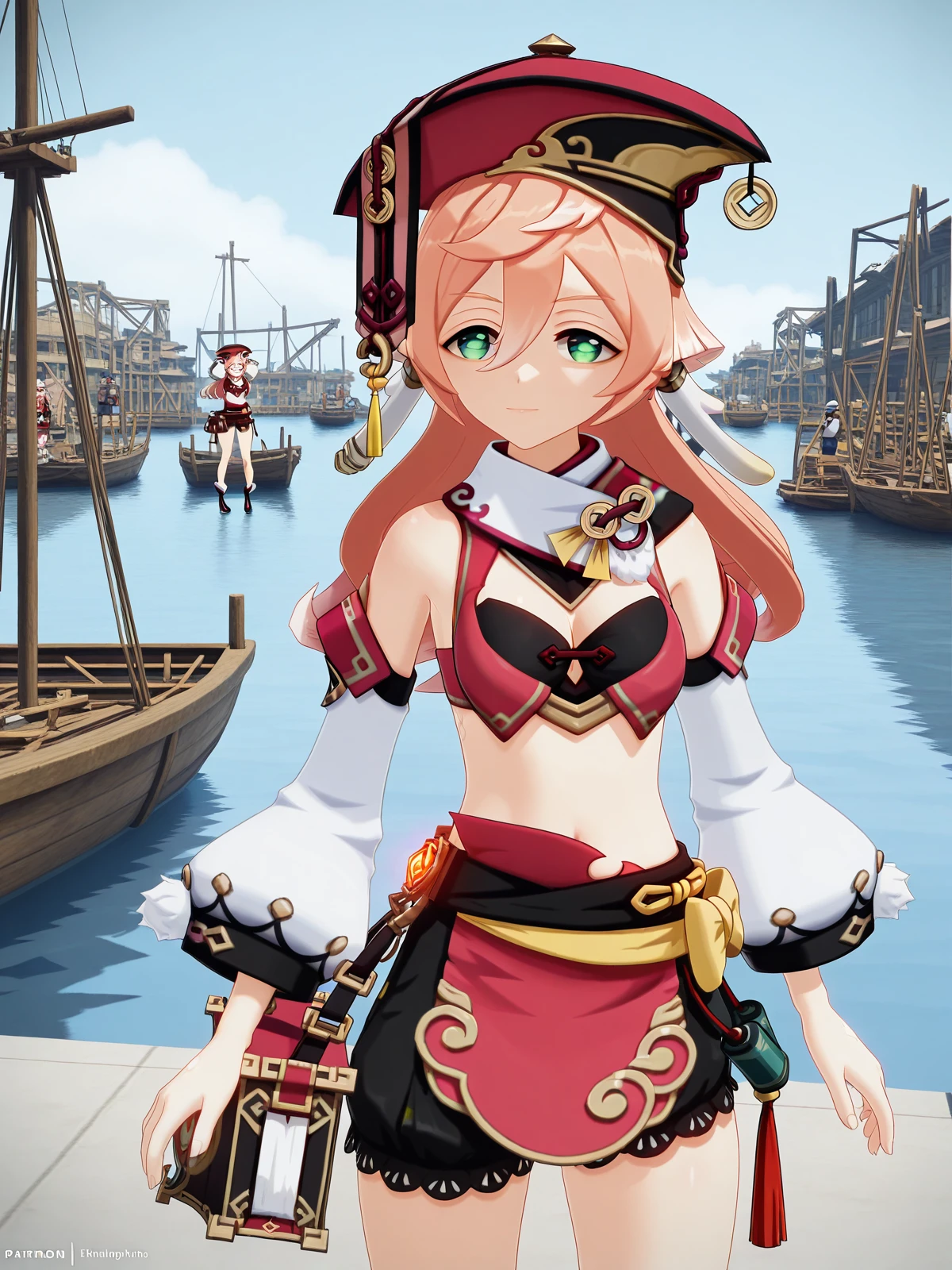 ((masterpiece)),(best quality),official art,extremely detailed CG,unity 8k wallpaper,ultra detailed,A lighthouse on a cliff by the sea,1girl,solo,upper body,looking at viewer,pink_hair,smile,red_headwear,long_hair,detached_sleeves,long_sleeves,red_footwear,crop_top,green_eyes,small_breasts,antlers,yellow_bow,midriff,high_heels,bare_legs,bare_shoulders,:d,hair_between_eyes,red_skirt,hat,high_heel_boots,cleavage,bangs,revealing_clothes,pom_pom_\(clothes\),wide_sleeves,horns,<lora:Yanfei(gen)>,