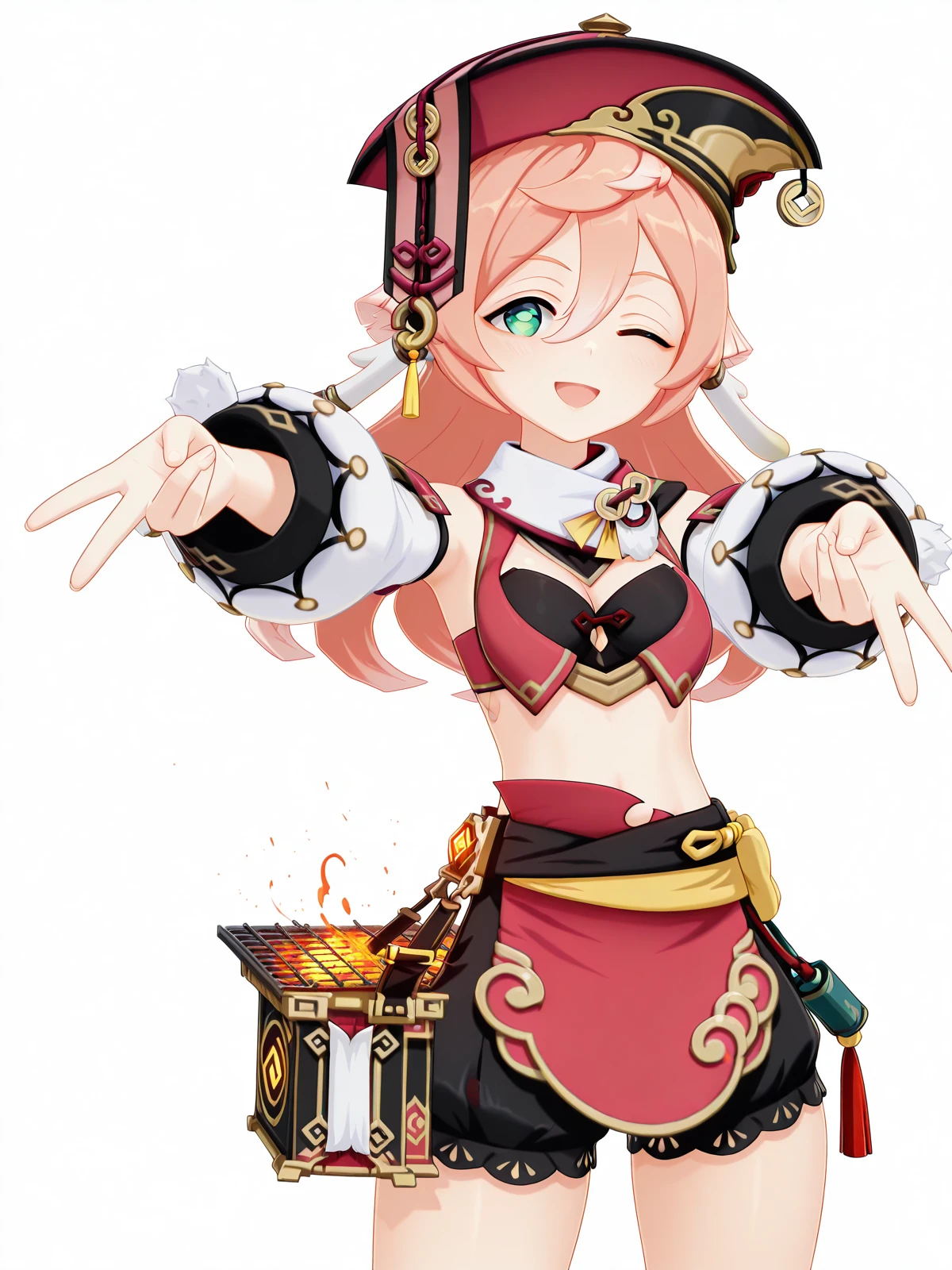 masterpiece, best quality, <lora:yanfei:1>,1girl,smile,yanfei \(genshin impact\),hat,antlers, pink hair,long hair,greey eyes,cleavage,black bra,bare shoulders, detached sleeves,long sleeves, crop top, midriff,red skirt ,yellow bow,revealing clothes,grey background,