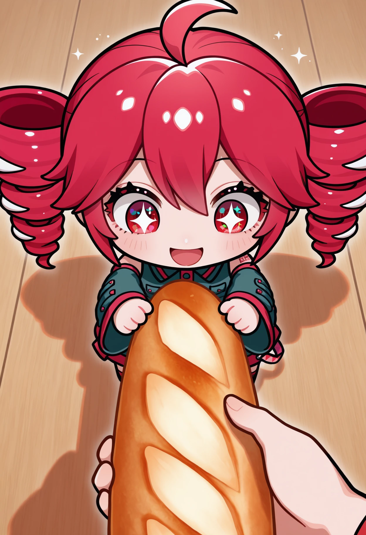 solo focus, 1other, 1girl, chibi, kasane teto, pov, <lora:go_do_a_crime-000005:1>, baguette, looking down, sparkling eyes, open mouth, smile