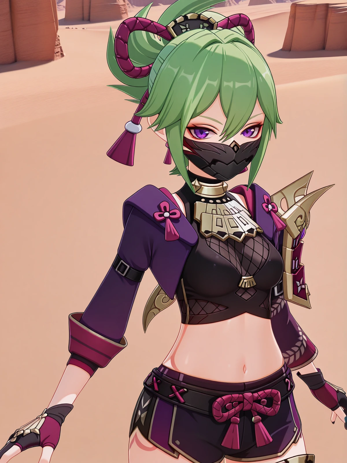 masterpiece, best quality, amazing quality,, <lora:genshin-shinobu-kuki-ingame-illustriousxl-lora-nochekaiser:1>, shinobu kuki, kuki shinobu, green hair, hair between eyes, ponytail, short hair, purple eyes, mask, black mask, ninja mask, mature female, medium breasts, 3d, armor, bare shoulders, black gloves, cropped jacket, fishnet top, fishnets, gloves, gold trim, hair ornament, jacket, leg armor, midriff, off shoulder, partially fingerless gloves, purple jacket, shirt, short shorts, shorts, shoulder armor, sleeveless, sleeveless shirt,, from above,, canyon, cliffs, desert, rocky, open, cowboy shot, solo, looking at viewer, <lora:transparent-background-illustriousxl-lora-nochekaiser:1>, transparent background, simple background, white background
