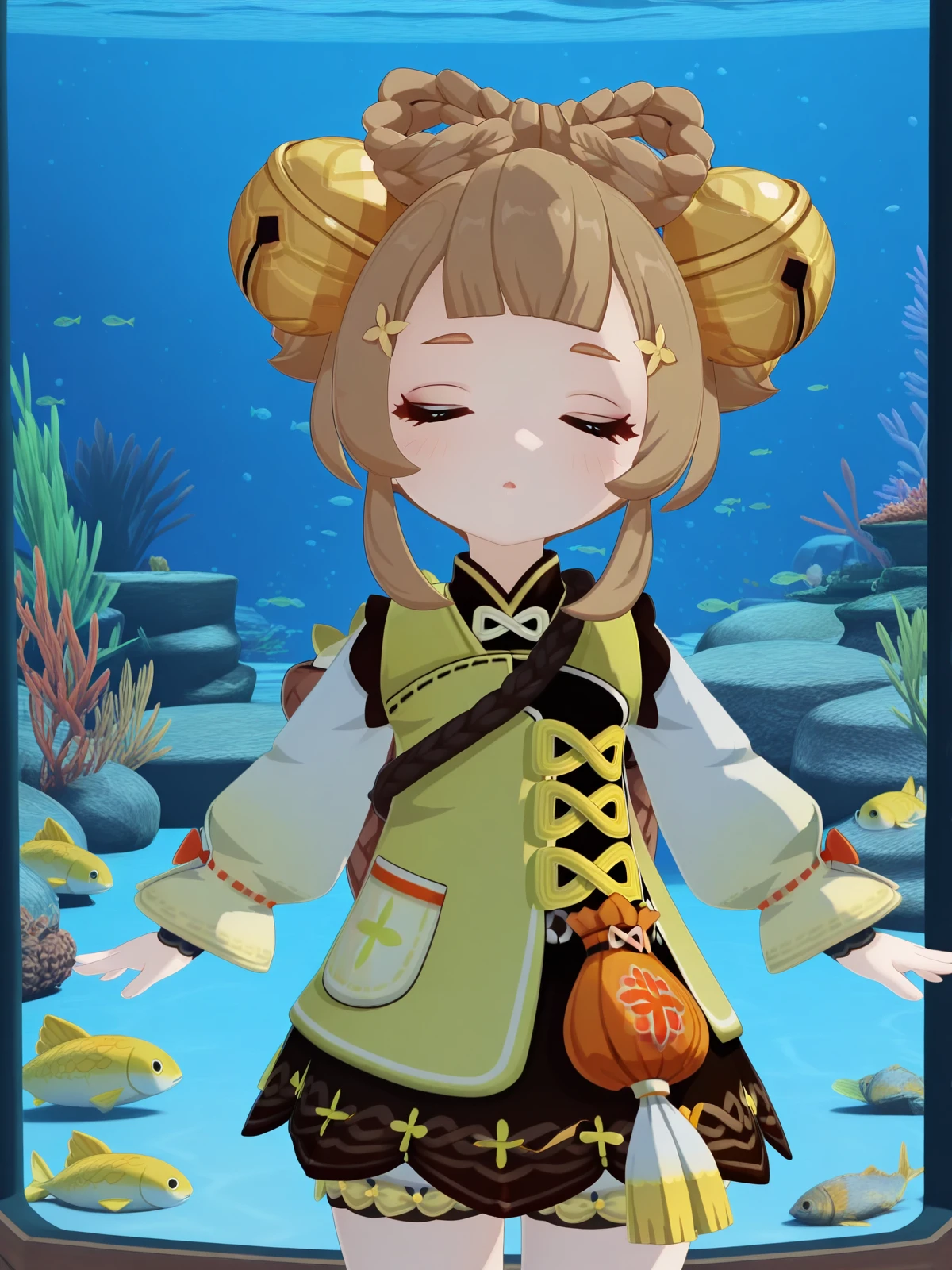 masterpiece, best quality, amazing quality,, <lora:genshin-yaoyao-ingame-illustriousxl-lora-nochekaiser:1>, yaoyao, yaoyao (genshin impact), brown hair, hair ornament, brown eyes, braid, sidelocks, blunt bangs, bell, jingle bell, hair bell, bow-shaped hair, 3d, long sleeves, dress, jacket, puffy sleeves, fur trim, chinese clothes, puffy long sleeves, bloomers, white bloomers,, <lora:incoming-kiss-illustriousxl-lora-nochekaiser:1>, incoming kiss, closed eyes, blush, pov, cowboy shot, aquarium, water, fish, tanks, blue, cowboy shot, solo, looking at viewer,