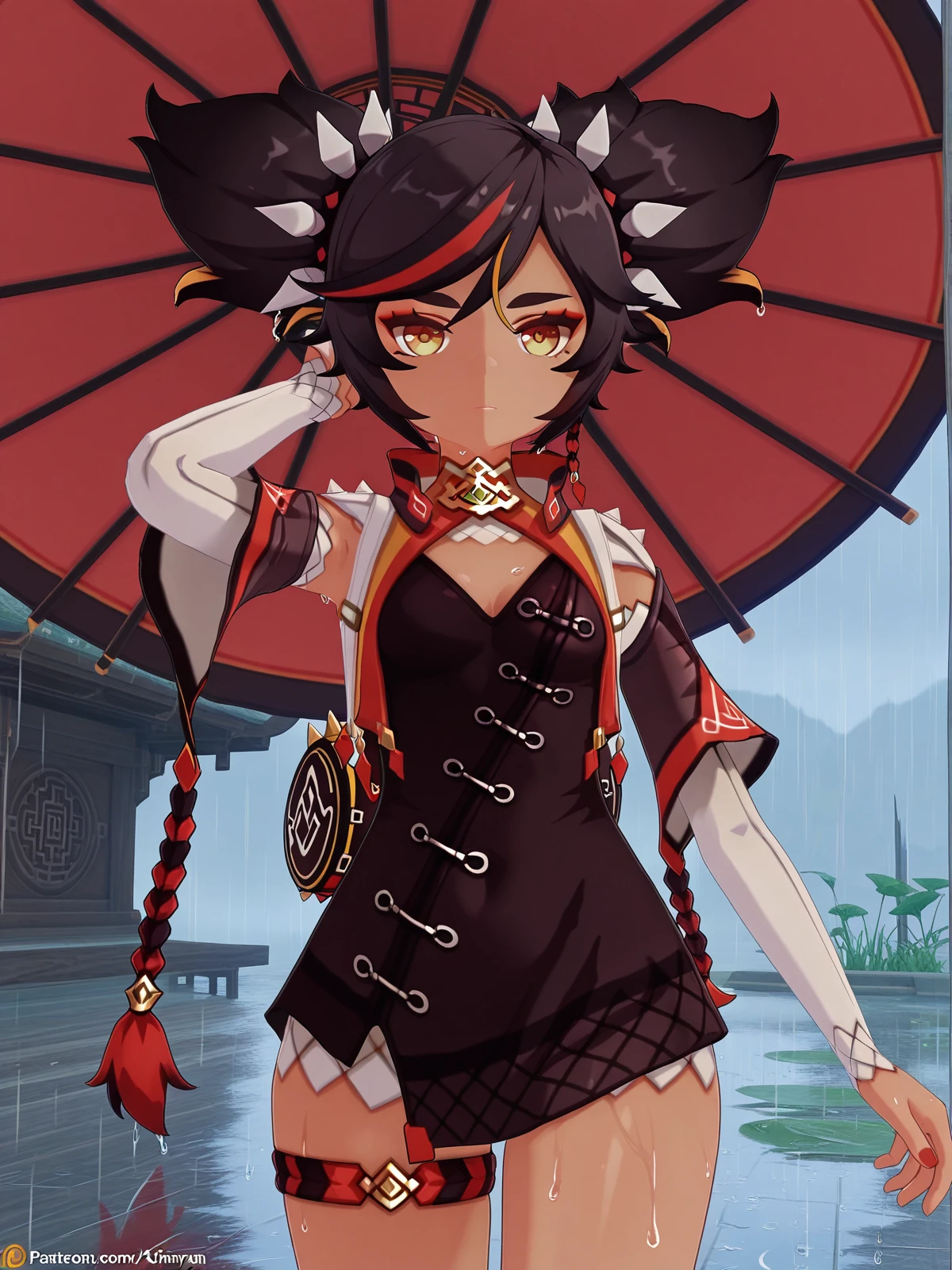 masterpiece, best quality, amazing quality,, <lora:genshin-xinyan-ingame-illustriousxl-lora-nochekaiser:1>, xinyan, xinyan (genshin impact), black hair, twintails, yellow eyes, multicolored hair, red hair, dark skin, streaked hair, dark-skinned female, spikes, hair ornament, mature female, small , 3d, shorts, black dress, long sleeves, detached sleeves, kneehighs, thigh strap, chinese clothes, fishnets, fishnet socks, hand behind head, , rainy day, umbrella, walking home, puddles, wet hair, cowboy shot, solo, looking at viewer,