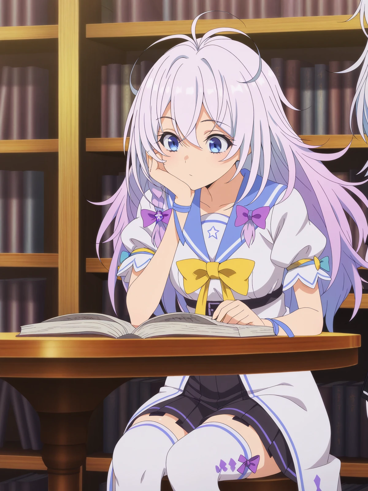 masterpiece, best quality, amazing quality,, <lora:niberune-s1-illustriousxl-lora-nochekaiser:1>, niberune, long hair, blue eyes, hair between eyes, white hair, grey hair, braid, hair bow, antenna hair, side braid, purple bow, gradient hair, mature female, small breasts, anime screencap, skirt, dress, bow, ribbon, short sleeves, pleated skirt, puffy sleeves, sailor collar, white dress, puffy short sleeves, yellow bow, yellow bowtie, black skirt, pleated skirt, high-waist skirt, thighhighs, white thighhighs,, sitting, head rest, table,, library, books, shelves, reading, quiet, cowboy shot, solo, looking at viewer,