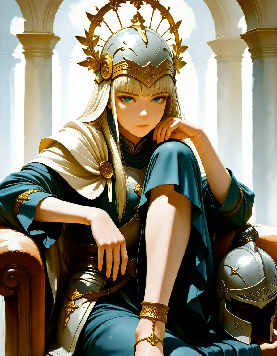 masterpiece, best_quality, very_aesthetic, highres, absurdres, ultra detailed,
, straight hair, teal eyes, 
<lora:negXL:0.5>
 <lora:Watercolor_fantasy_IL_MIX:1> watercolor, traditional media, painting \(medium\),, yellow eye, Platinum Blonde straight hair (Sallet),An armor made of helmet with a pointed rear  Shimmering Ruby Anklet, close-up,, indoors, , blurry foreground, ,depth of field