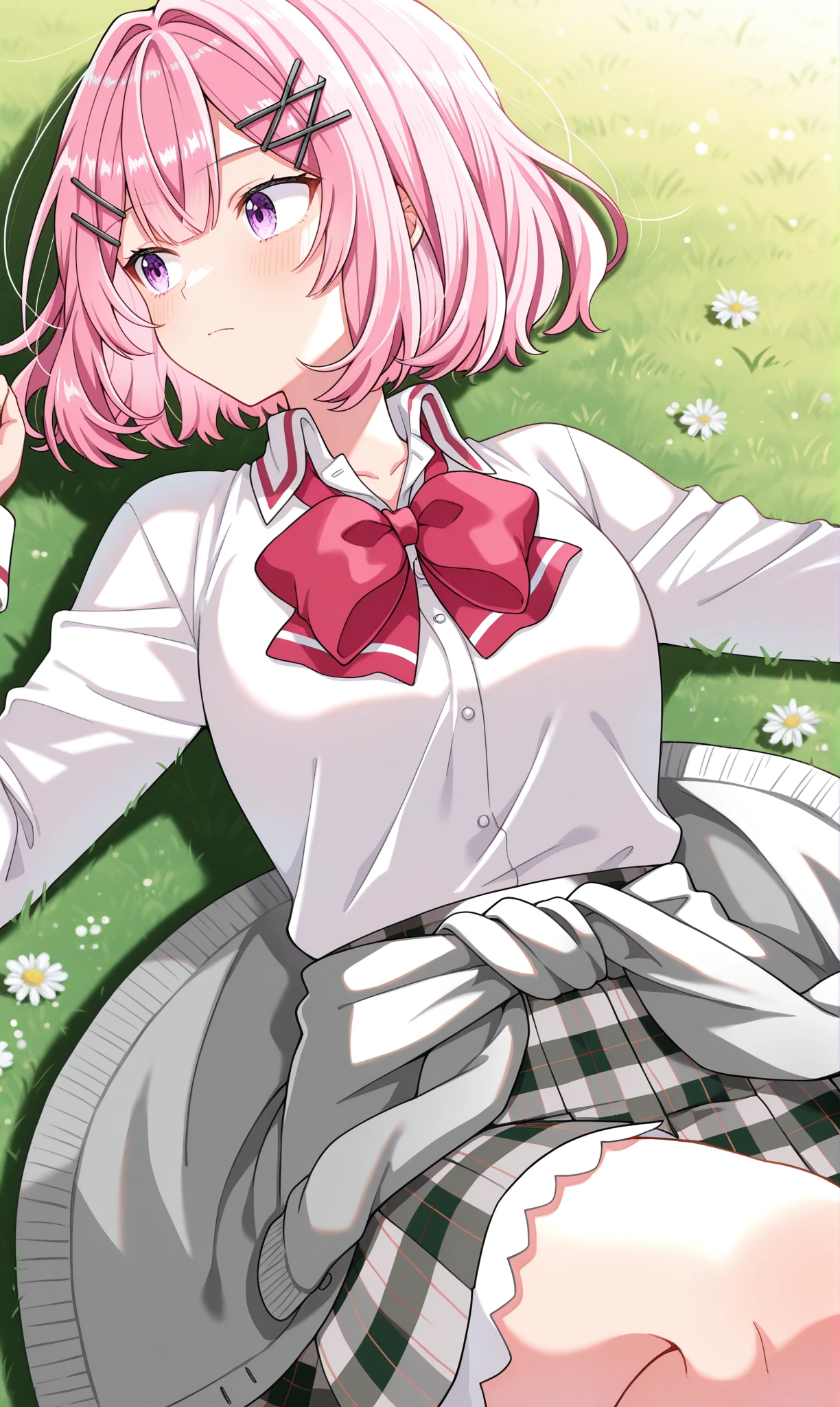 <lora:amaori_renako_illust_scarxzys:1>, amaori renako, pink hair, short hair, double-parted bangs, pink eyes, x hair ornament, ashigaya high school uniform, white shirt, collared shirt, long sleeves, red bowtie, grey cardigan, cardigan around waist, clothes around waist, grey skirt, plaid skirt, miniskirt, 1girl, solo, masterpiece, best quality, amazing quality, outdoors, looking to the side, close-up, grass, lying on back, looking away, knee up