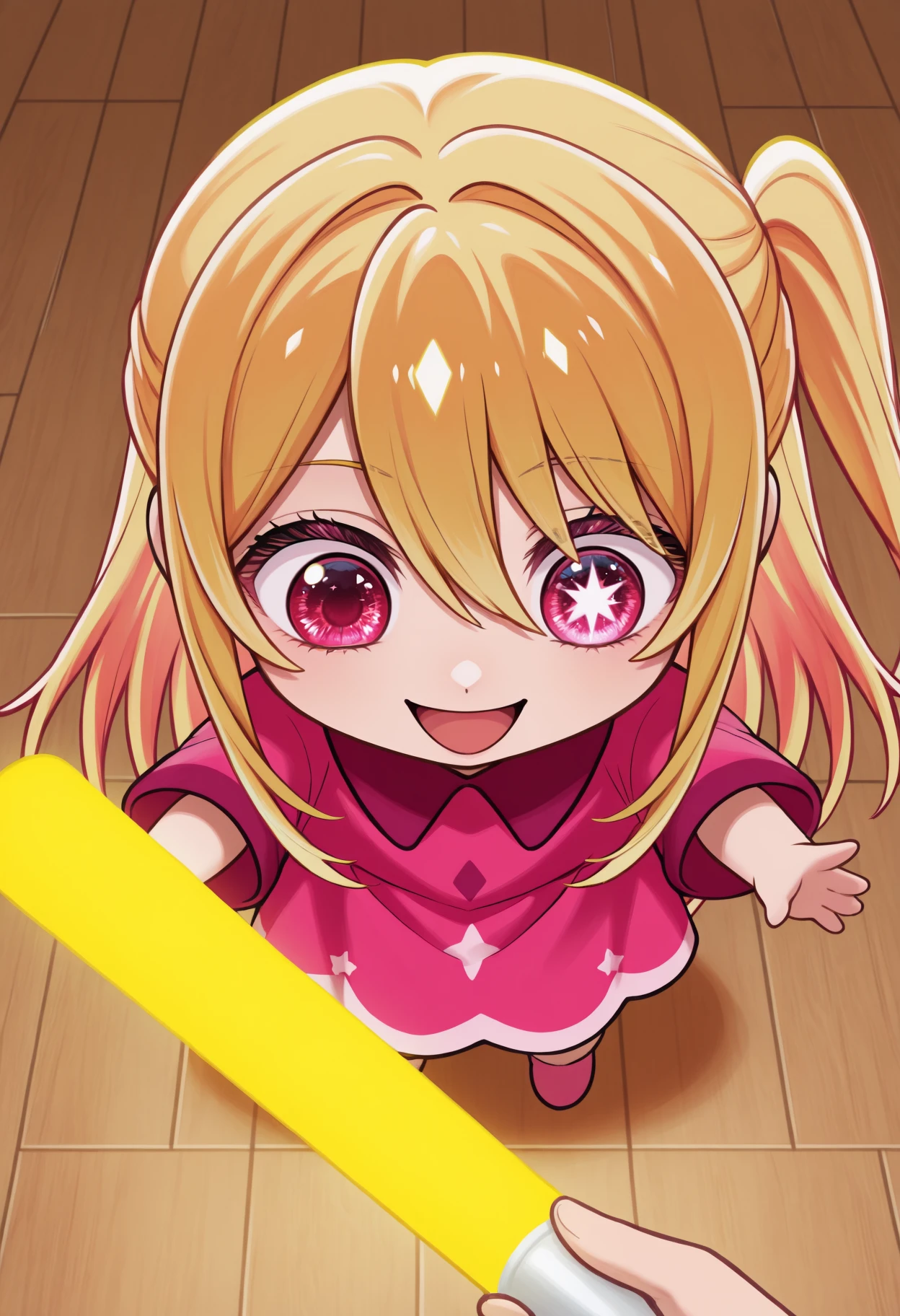 solo focus, 1other, 1girl, chibi, aged down, <lora:go_do_a_crime-000005:1>, looking down, smile, open mouth, yellow glowstick, <lora:oshinoko_rubyhoshino_illustriousXL:1> rbhshndef, long hair, blonde hair, sidelocks, hair between eyes, one side up, pink eyes, mismatched pupils, star-shaped pupils, pink dress, indoors, wooden floor,