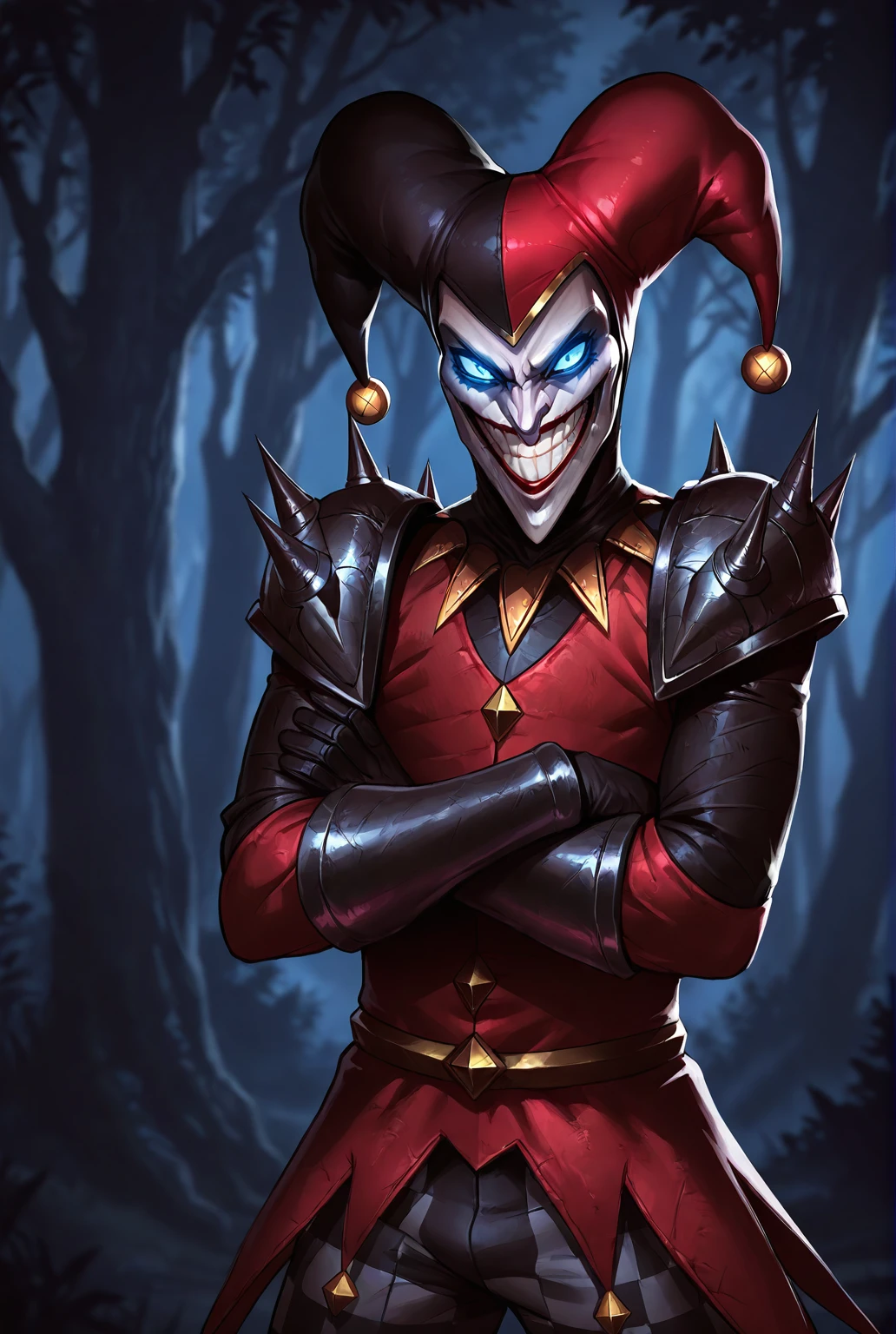 very awe,aesthetically pleasing,masterpiece,best quality,amazing quality,very aesthetic,ultra-detailed,high resolution,8k,1boy,solo,cowboy shot,male focus,detailed face,spikes,blue eyes,glowing eyes,armor,hat,jester cap,teeth,smile,red clothes,gloves,standing,crossed arms,shadow,forest,dark,night,<lora:add-detail-xl:1>,<lora:shako lol:0.7>,shac0 lol,