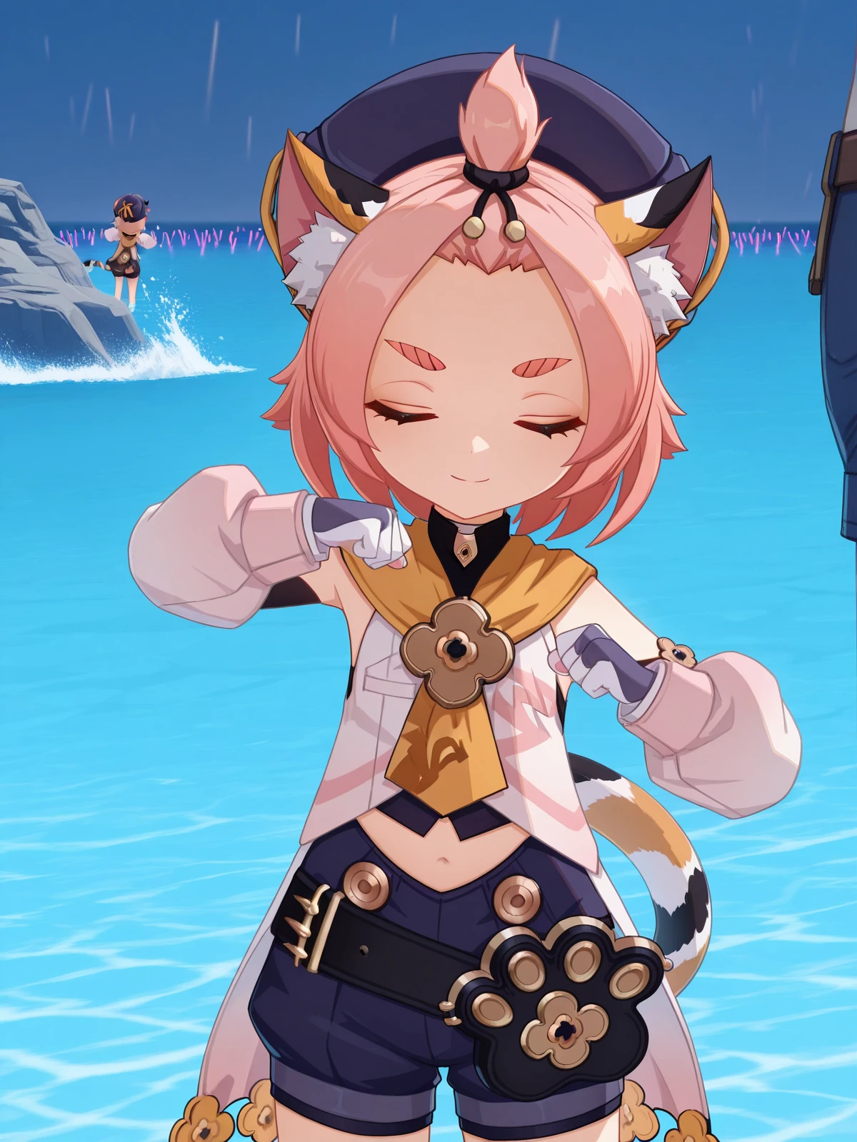 masterpiece, best quality, amazing quality,, <lora:genshin-diona-ingame-illustriousxl-lora-nochekaiser:1>, diona, diona (genshin impact), short hair, animal ears, green eyes, tail, pink hair, sidelocks, cat ears, animal ear fluff, cat tail, thick eyebrows, cat girl, forehead, bangs pinned back, 3d, shirt, long sleeves, gloves, hat, ribbon, detached sleeves, shorts, puffy sleeves, belt, white gloves, black headwear, black shorts, blue shorts, paw print, puffy shorts, <lora:shikairo-days-dance-illustriousxl-lora-nochekaiser:1>, shikairo days dance, shikairo days dance (meme), dancing, meme, closed eyes, clenched hands, glowsticks, smile, cowboy shot, ocean, waves, saltwater, fish, vast, cowboy shot, solo, looking at viewer,