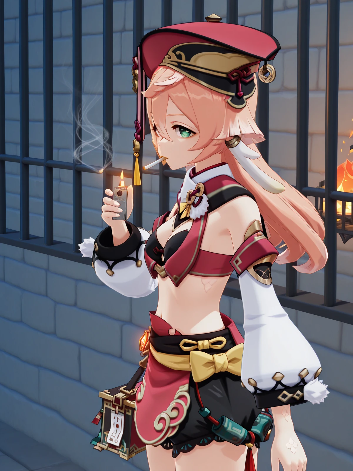 masterpiece, best quality, amazing quality,, <lora:genshin-yanfei-ingame-illustriousxl-lora-nochekaiser:1>, yanfei, yanfei (genshin impact), antlers, horns, pink hair, long hair, hair between eyes, green eyes, mature female, medium breasts, 3d, black bra, black shorts, boots, bow, bra, high heels, long sleeves, midriff, navel, red headwear, red skirt, red vest, shorts, skirt, two-tone footwear, vest, yellow bow,, <lora:lighting-cigarette-illustriousxl-lora-nochekaiser:1>, lighting cigarette, lighter, holding lighter, cigarette, smoking, fire, smoke, holding, upper body, from side,, prison, bars, cells, guards, confined, cowboy shot, solo, looking at viewer,