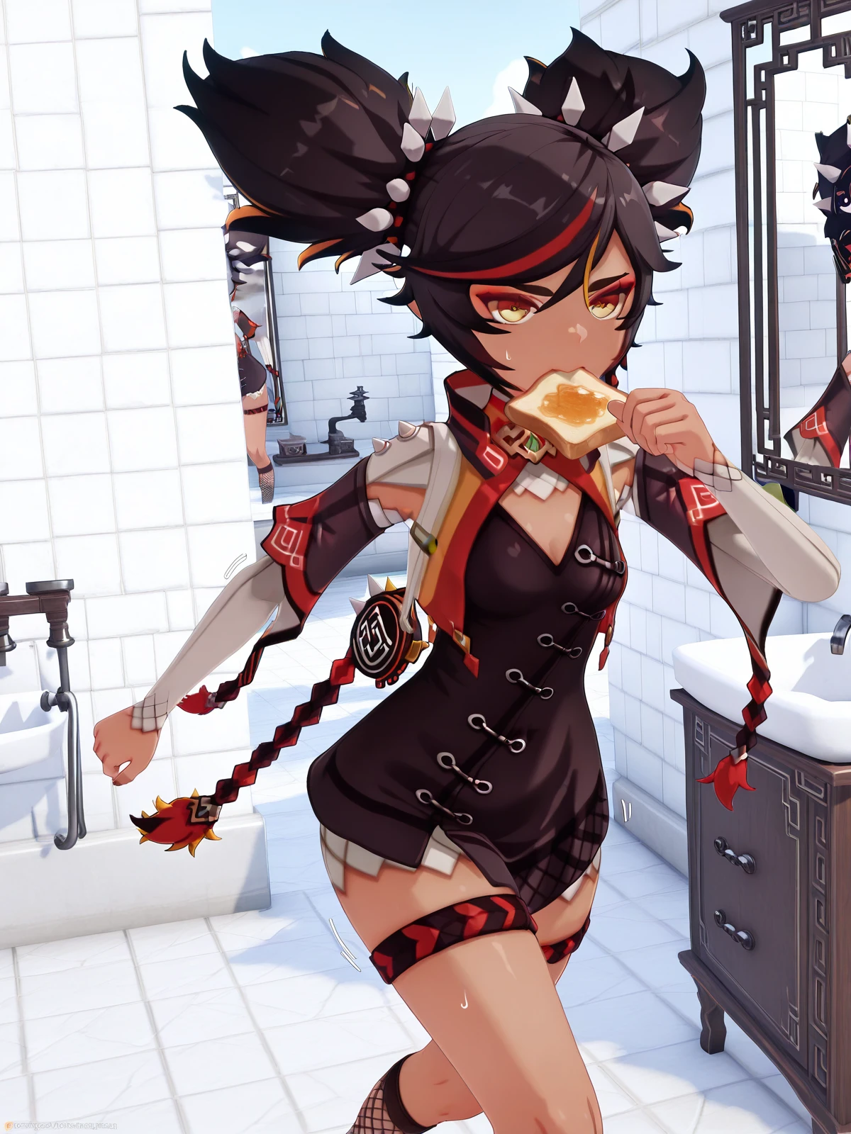 masterpiece, best quality, amazing quality,, <lora:genshin-xinyan-ingame-illustriousxl-lora-nochekaiser:1>, xinyan, xinyan (genshin impact), black hair, twintails, yellow eyes, multicolored hair, red hair, dark skin, streaked hair, dark-skinned female, spikes, hair ornament, mature female, small breasts, 3d, shorts, black dress, long sleeves, detached sleeves, kneehighs, thigh strap, chinese clothes, fishnets, fishnet socks, <lora:food-in-mouth-running-illustriousxl-lora-nochekaiser:1>, food in mouth running, food in mouth, running, bread, bread slice, food, toast in mouth, toast, sweatdrop, motion lines, motion blur, outdoors, feet out of frame, bathroom, tiles, mirror, sink, toiletries, cowboy shot, solo, looking at viewer,