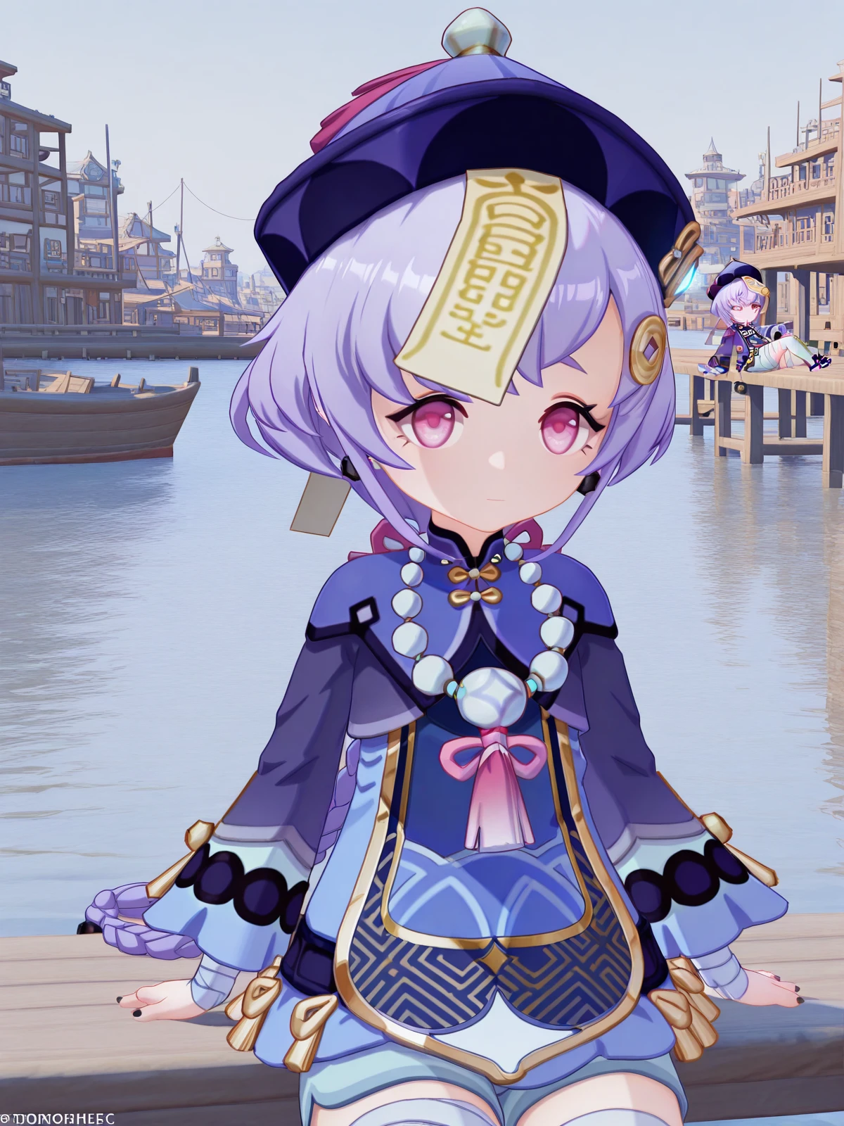 masterpiece, best quality, amazing quality,, <lora:genshin-qiqi-ingame-illustriousxl-lora-nochekaiser:1>, qiqi, qiqi (genshin impact), long hair, hair ornament, purple eyes, braid, purple hair, earrings, pink eyes, single braid, braided ponytail, jiangshi, coin hair ornament, 3d, long sleeves, dress, thighhighs, hat, jewelry, shorts, wide sleeves, necklace, white thighhighs, blue dress, bandages, beads, ofuda, purple headwear, bandaged leg, bead necklace, qingdai guanmao,, <lora:princess-leia-pose-illustriousxl-lora-nochekaiser:1>, princess leia pose, sitting, hand on own hip, lying, arm support, harbor, boats, water, dock, trade, cowboy shot, solo, looking at viewer,