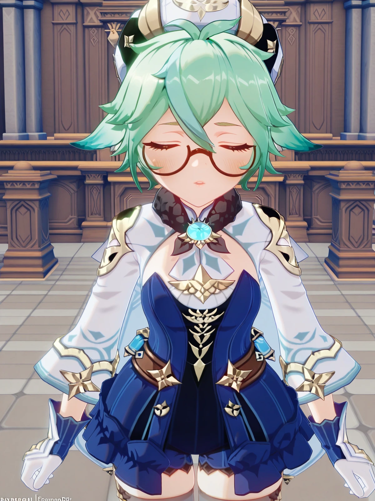 masterpiece, best quality, amazing quality,, <lora:genshin-sucrose-ingame-illustriousxl-lora-nochekaiser:1>, sucrose, sucrose (genshin impact), ahoge, animal ears, brown eyes, glasses, gradient hair, hair between eyes, messy hair, multicolored hair, semi-rimless eyewear, short hair, mature female, small breasts, 3d, frills, fur collar, gem, gloves, green thighhighs, long sleeves, thighhighs, white headwear, zettai ryouiki, skirt, blue skirt,, <lora:incoming-kiss-illustriousxl-lora-nochekaiser:1>, incoming kiss, closed eyes, blush, pov, upper body, courtroom, judge, witness_stand, audience, formality, cowboy shot, solo, looking at viewer,