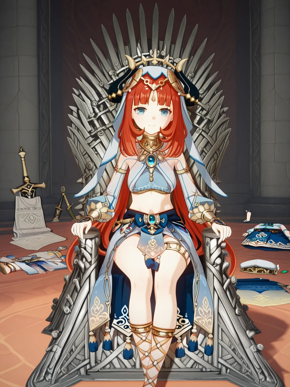 masterpiece, best quality, amazing quality,, <lora:genshin-nilou-ingame-illustriousxl-lora-nochekaiser:1>, nilou, nilou (genshin impact), red hair, twintails, blue eyes, long hair, very long hair, mature female, medium breasts, 3d, blue skirt, bracer, circlet, crop top, dancer, detached sleeves, fake horns, gladiator sandals, gold footwear, gold trim, horns, jewelry, long sleeves, neck ring, puffy long sleeves, puffy sleeves, sandals, skirt, thighlet, thighs, veil, white headwear, white sleeves, white veil,, <lora:iron-throne-illustriousxl-lora-nochekaiser:1>, iron throne, sitting, looking at viewer, sword, throne, sitting on throne, smile,, messy room, clutter, clothes_on_floor, disorganization, laundry, cowboy shot, solo, looking at viewer,