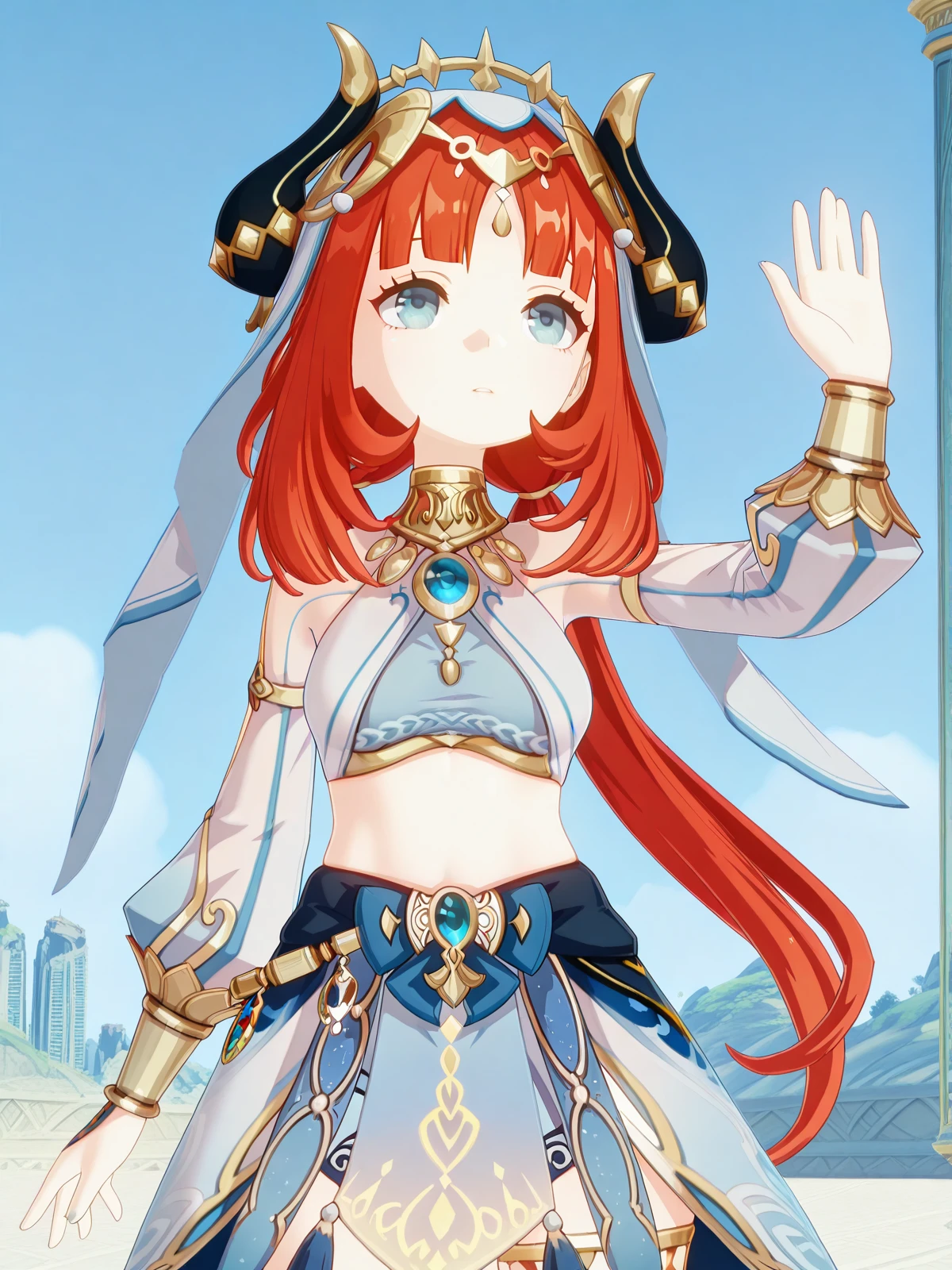 masterpiece, best quality, amazing quality,, <lora:genshin-nilou-ingame-illustriousxl-lora-nochekaiser:1>, nilou, nilou (genshin impact), red hair, twintails, blue eyes, long hair, very long hair, mature female, medium breasts, 3d, blue skirt, bracer, circlet, crop top, dancer, detached sleeves, fake horns, gladiator sandals, gold footwear, gold trim, horns, jewelry, long sleeves, neck ring, puffy long sleeves, puffy sleeves, sandals, skirt, thighlet, thighs, veil, white headwear, white sleeves, white veil,, <lora:panatang-makabayan-illustriousxl-lora-nochekaiser:1>, panatang makabayan, looking up, expressionless, upper body, parted lips, hand up, waving, solo, outdoors, blue sky, clouds, skyscraper, tall, glass, modern, building, cowboy shot, solo, looking at viewer, <lora:transparent-background-illustriousxl-lora-nochekaiser:1>, transparent background, simple background, white background