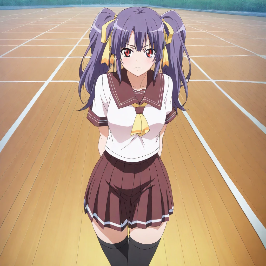 solo,masterpiece,high score,great score,absurdres,anime coloring,looking at viewer,<lora:SakuyaAmagiri hassakuill30:1> sakuyaamagiri, purple hair, twintails, hair ribbon, red eyes,serafuku,skirt,thighhighs,