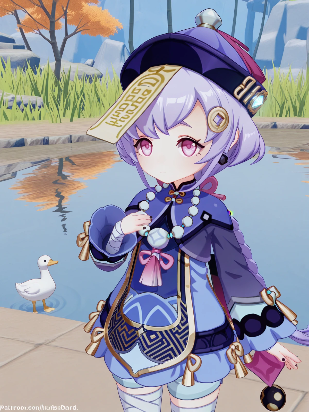 masterpiece, best quality, amazing quality,, <lora:genshin-qiqi-ingame-illustriousxl-lora-nochekaiser:1>, qiqi, qiqi (genshin impact), long hair, hair ornament, purple eyes, braid, purple hair, earrings, pink eyes, single braid, braided ponytail, jiangshi, coin hair ornament, 3d, long sleeves, dress, thighhighs, hat, jewelry, shorts, wide sleeves, necklace, white thighhighs, blue dress, bandages, beads, ofuda, purple headwear, bandaged leg, bead necklace, qingdai guanmao,, hands on own chest,, pond, still_water, plants, ducks, peaceful, cowboy shot, solo, looking at viewer,