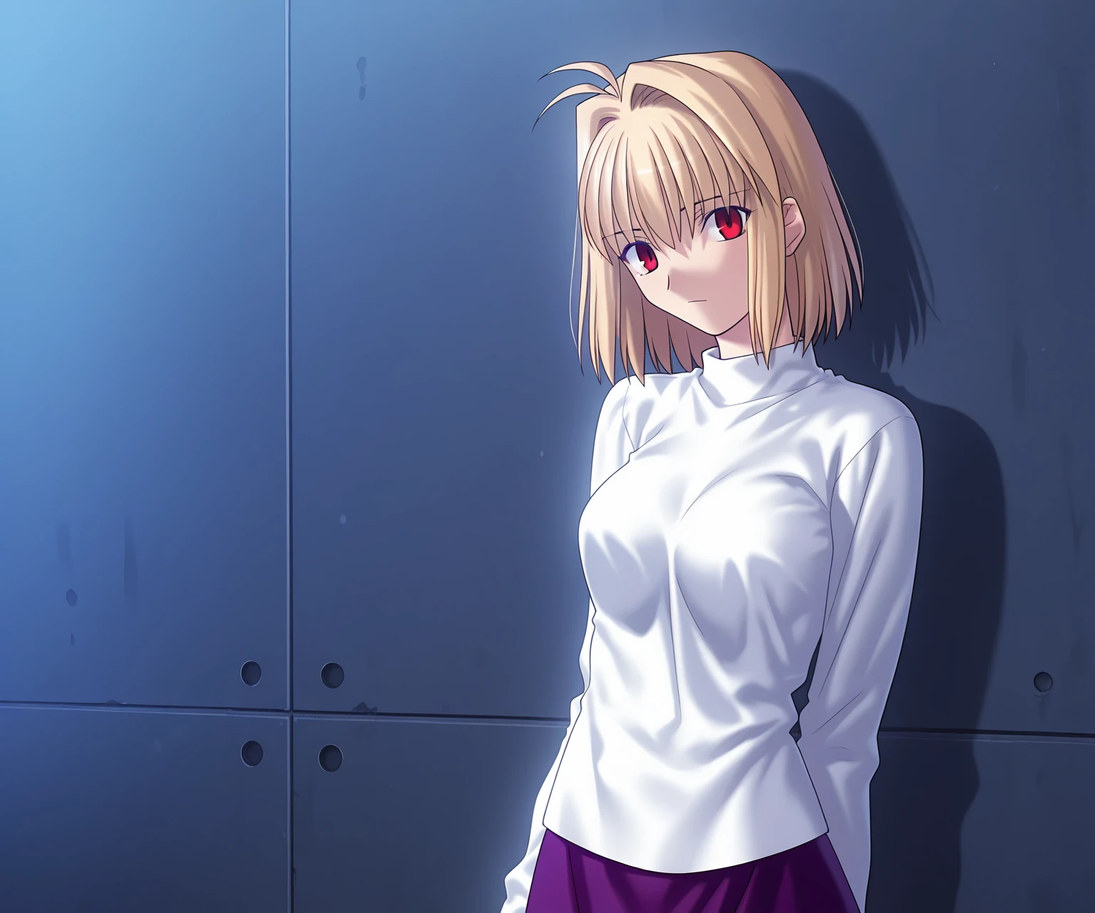 masterpiece, best quality, amazing quality, , 1girl, solo, looking at viewer, <lora:Fate_SNHA_style_ILL-v2:1> fatesnhastyle, game cg, arcueid brunestud, white shirt, purple skirt,