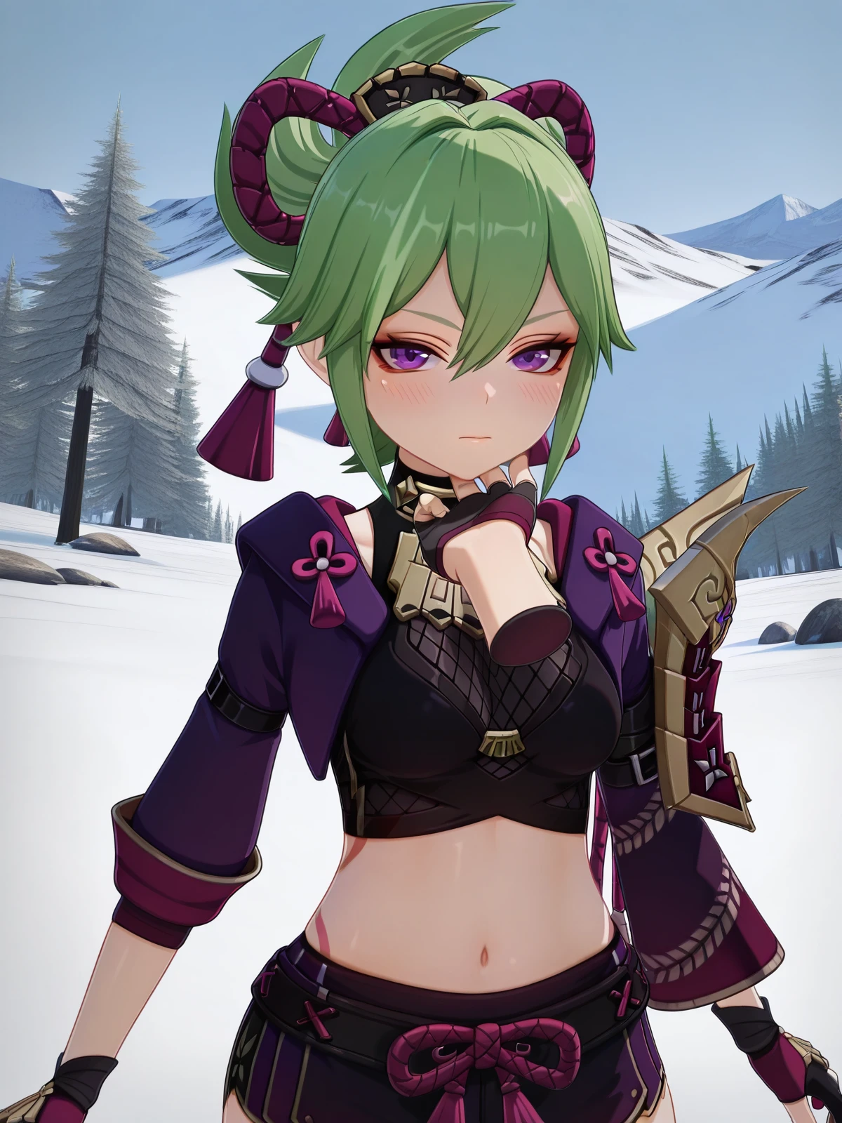 masterpiece, best quality, amazing quality,, <lora:genshin-shinobu-kuki-ingame-illustriousxl-lora-nochekaiser:1>, shinobu kuki, kuki shinobu, green hair, hair between eyes, ponytail, short hair, purple eyes, mature female, medium breasts, 3d, armor, bare shoulders, black gloves, cropped jacket, fishnet top, fishnets, gloves, gold trim, hair ornament, jacket, leg armor, midriff, off shoulder, partially fingerless gloves, purple jacket, shirt, short shorts, shorts, shoulder armor, sleeveless, sleeveless shirt,, <lora:stroking-anothers-chin-pov-illustriousxl-lora-nochekaiser:1>, stroking another's chin pov, stronking another's chin, pov, pov hands, blush, upper body, mountain, rock, height, snow, trees, cowboy shot, solo, looking at viewer,