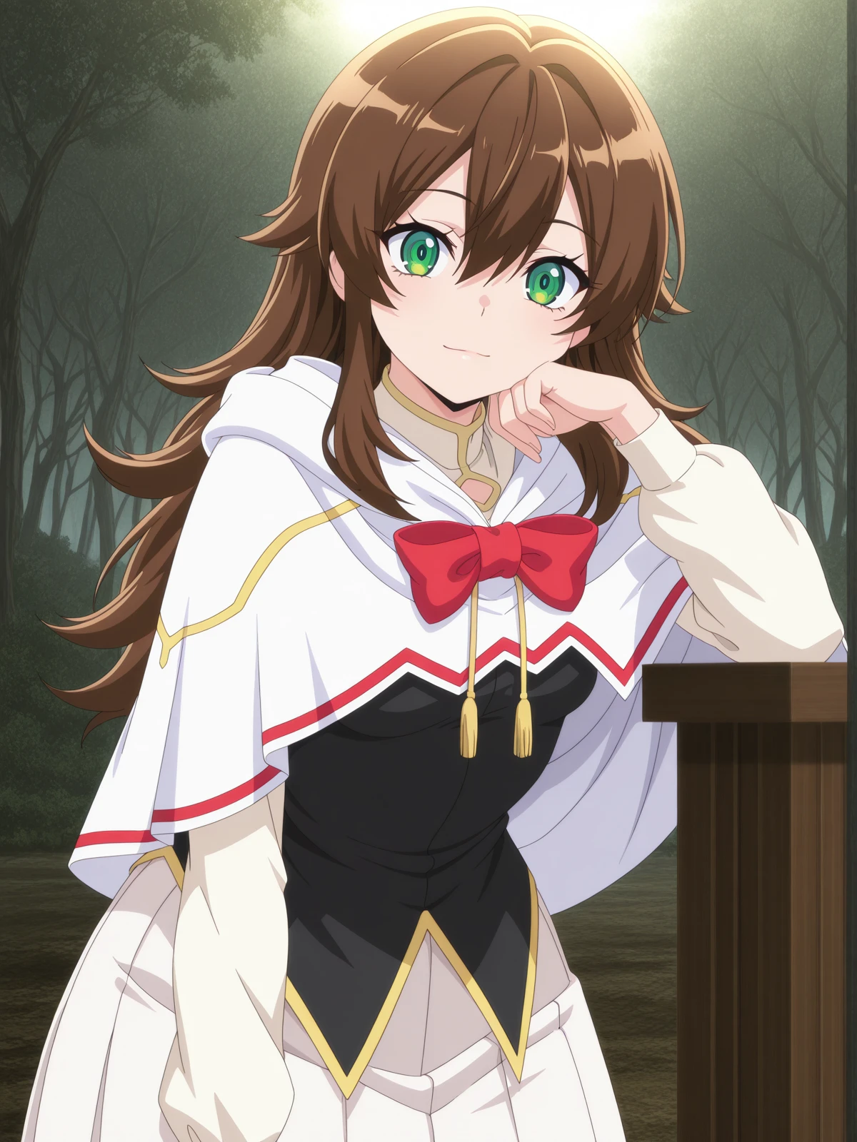 masterpiece, best quality, amazing quality,, <lora:saikyoutank-nin-s1-illustriousxl-lora-nochekaiser:1>, nin, long hair, brown hair, hair between eyes, green eyes, mature female, small , anime screencap, skirt, bow, red bow, capelet, white skirt, white capelet, black shirt, pleated skirt,, head rest, Natural settings, trees, rivers, sunlight, wildlife, cowboy shot, solo, looking at viewer, <lora:transparent-background-illustriousxl-lora-nochekaiser:1>, transparent background, simple background, white background