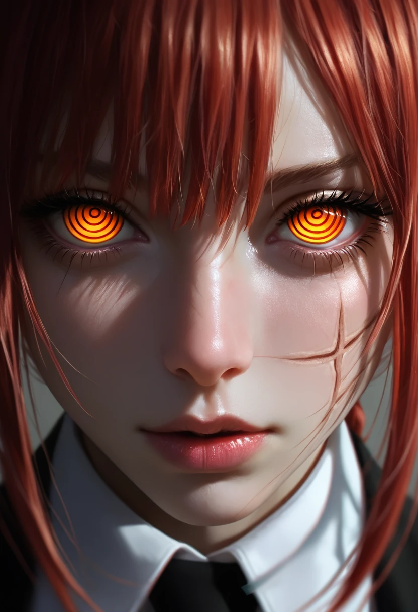 masterpiece, best quality, amazing quality, high resolution, ultra detailed, perfect details, realistic, photorealistic, BSS_AES, very aesthetic, 1girl, solo, looking at viewer, shirt, red eyes, white shirt, red hair, parted lips, necktie, collared shirt, medium hair, orange eyes, lips, scar, suit, black necktie, close-up, ringed eyes, scar on cheek, cross scar, glitch, eye focus, makima (chainsaw man)