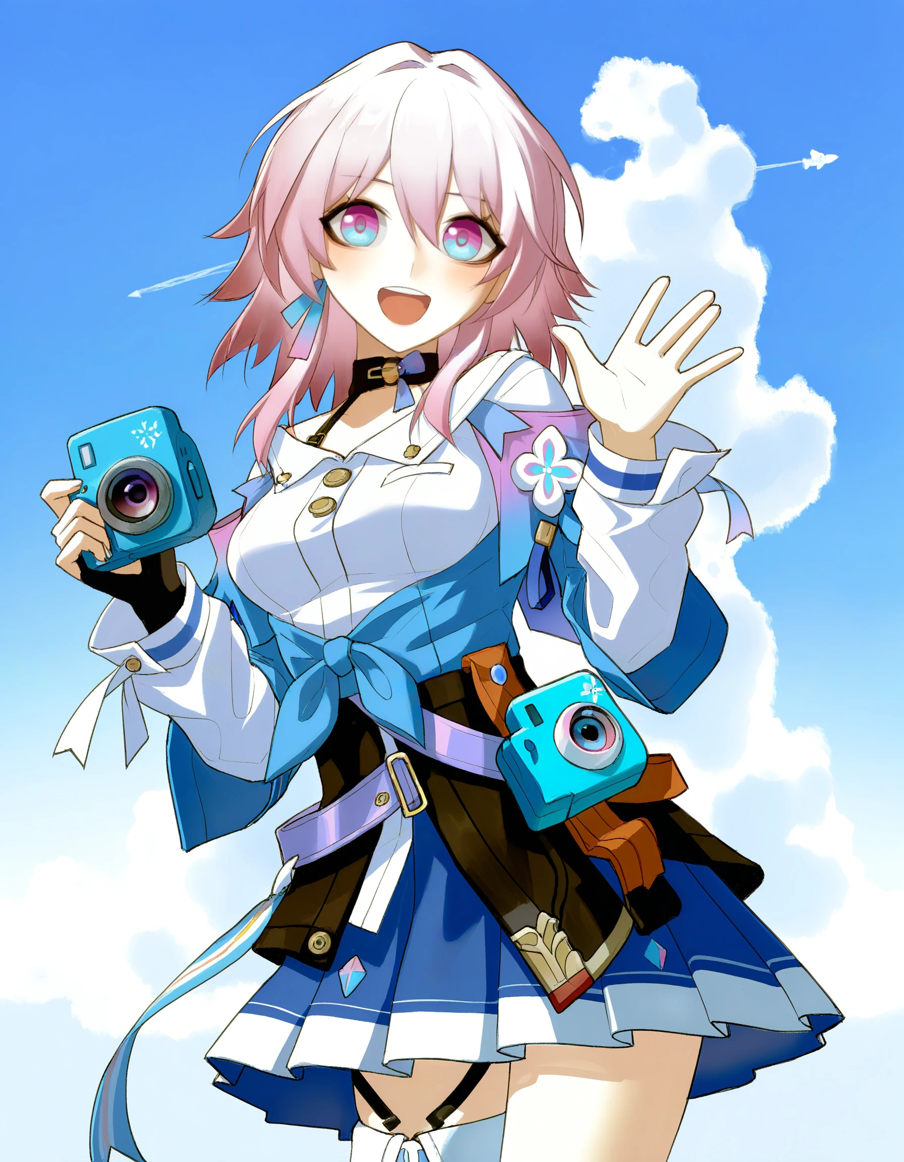masterpiece, best quality, highres, very awa, very aesthetic, vinne, <break> 1girl, march 7th \(honkai: star rail\), blue sky, cloud, camera, holding, waving, <segment:face,0.4,0.4//cid=11>