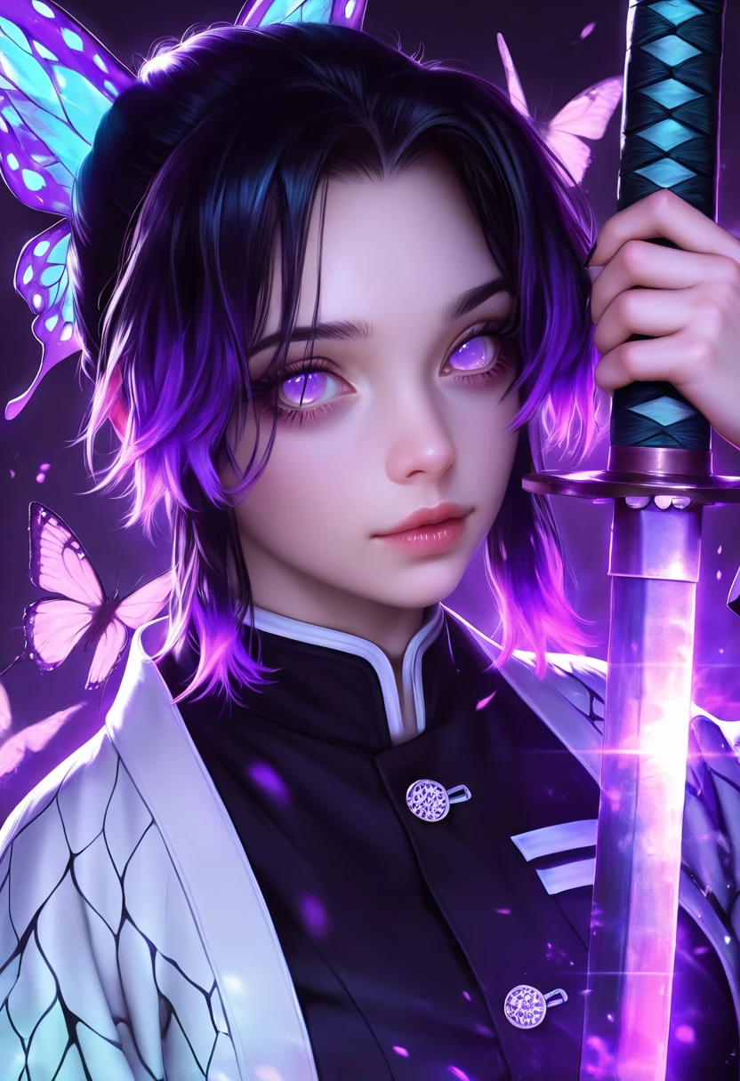 masterpiece, best quality, amazing quality, high resolution, ultra detailed, perfect details, realistic, photorealistic, BSS_AES, very aesthetic, sensitive, 1girl, solo, looking at viewer, short hair, black hair, hair ornament, holding, purple eyes, upper body, purple hair, weapon, multicolored hair, japanese clothes, sword, holding weapon, nail polish, parted bangs, eyelashes, lips, gradient hair, holding sword, portrait, bug, katana, animal print, butterfly, purple background, nose, butterfly hair ornament, realistic, haori, demon slayer uniform, purple butterfly, kochou shinobu