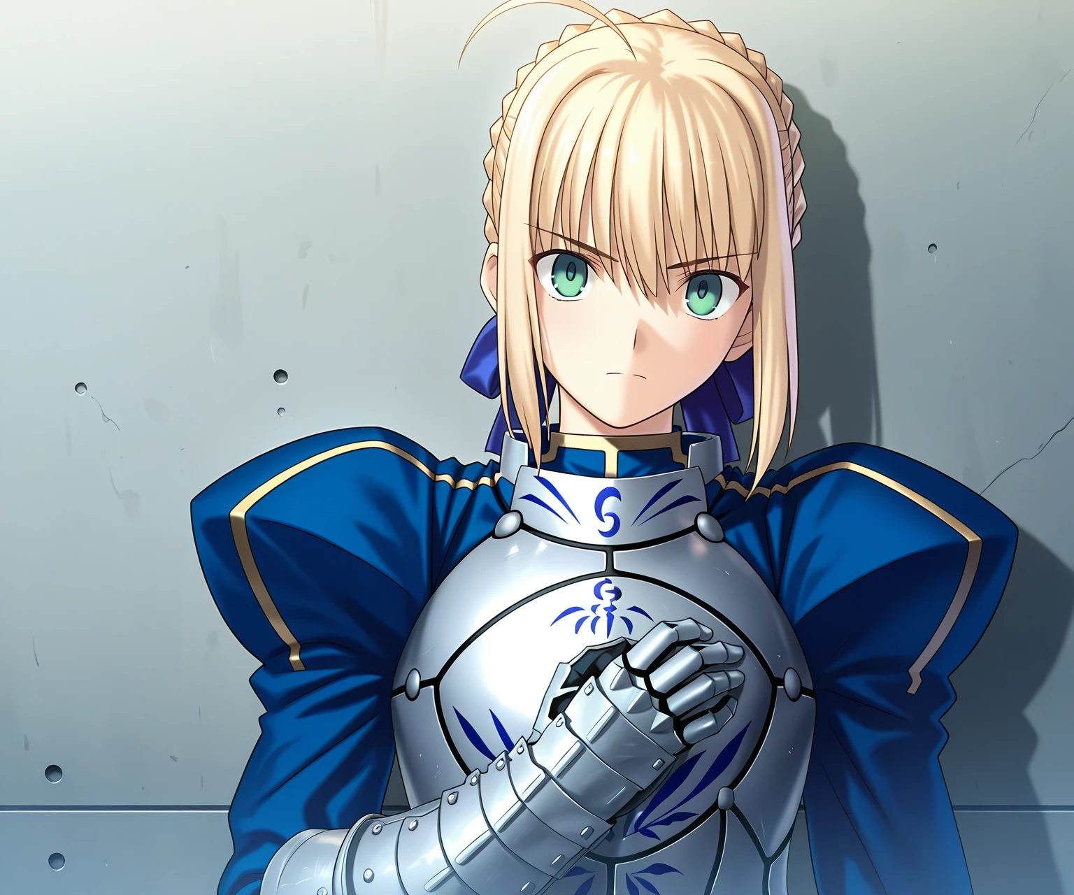 masterpiece, best quality, amazing quality, , 1girl, solo, looking at viewer, <lora:Fate_SNHA_style_ILL-v2:1> fatesnhastyle, game cg, artoria pendragon \(fate\), blonde hair, armor, gauntlets, ahoge, armored dress, green eyes, hair ribbon, blue ribbon,