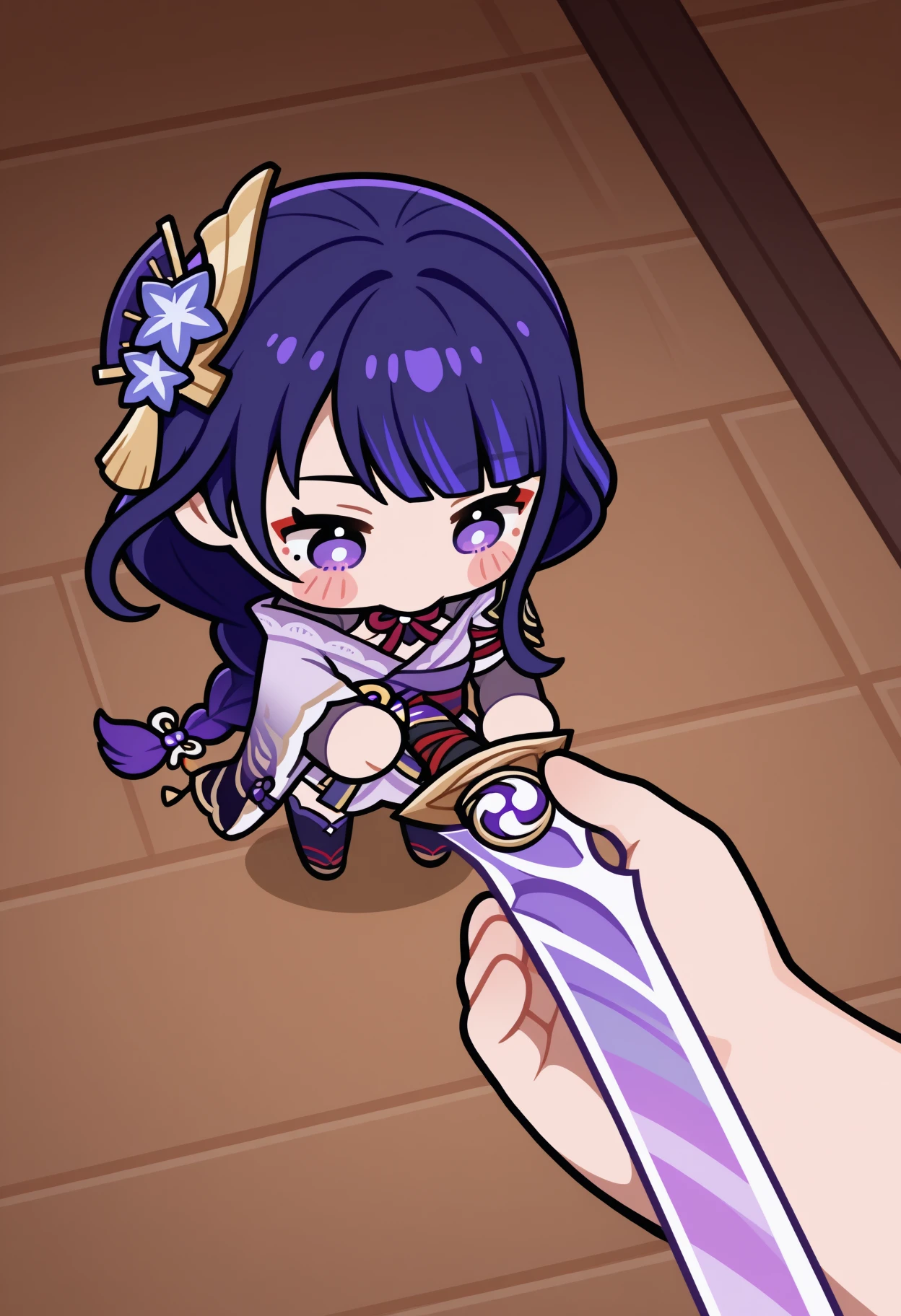 solo focus, pov, 1other, 1girl, chibi, blush stickers, holding sword, raiden shogun, looking down, <lora:go_do_a_crime-000005:1>,