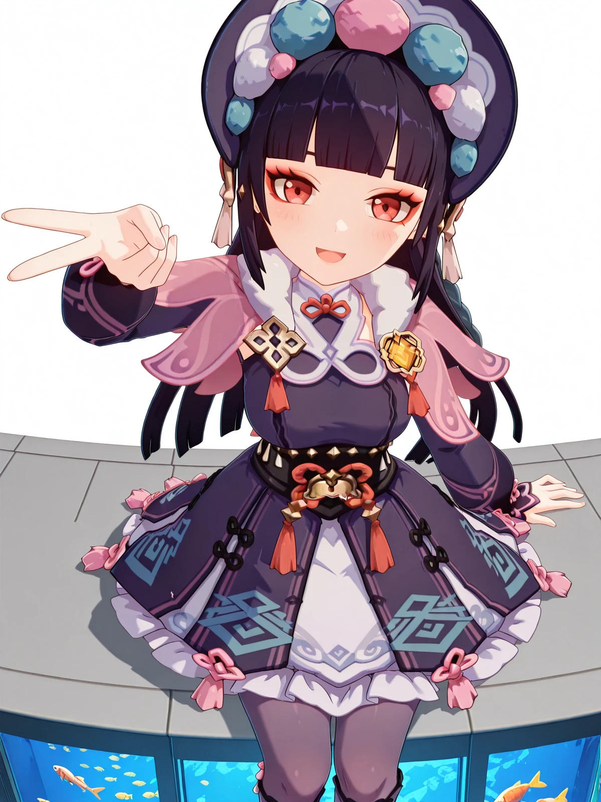 masterpiece, best quality, amazing quality,, <lora:genshin-yun-jin-ingame-illustriousxl-lora-nochekaiser:1>, yun jin, yun jin (genshin impact), black hair, blunt bangs, braid, eyeshadow, long hair, makeup, purple hair, red eyes, red eyeshadow, mature female, medium breasts, 3d, black footwear, boots, chinese clothes, fur trim, hat, knee boots, long sleeves, pantyhose, pom pom (clothes), purple pantyhose,, <lora:gyaru-v-illustriousxl-lora-nochekaiser:1>, gyaruv, solo, looking at viewer, blush, smile, open mouth, sitting, v, from above, arm up,, aquarium, water, fish, tanks, blue, cowboy shot, solo, looking at viewer, <lora:transparent-background-illustriousxl-lora-nochekaiser:1>, transparent background, simple background, white background
