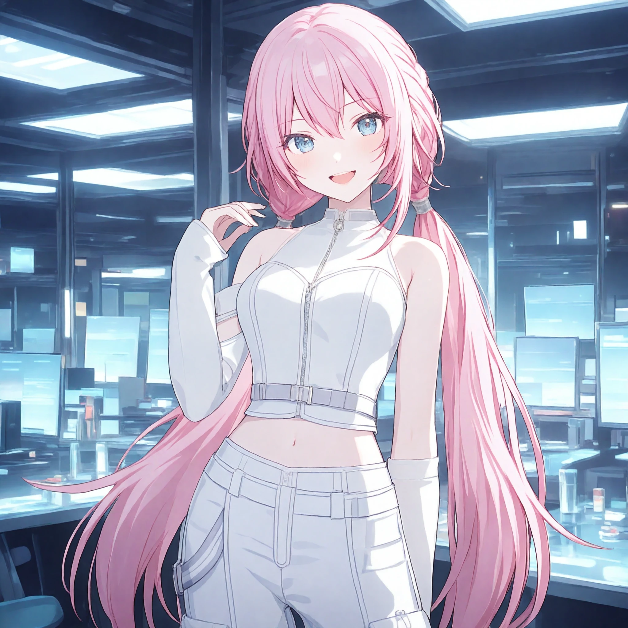 nijistyle, 1girl, (megurine luka:0.1), project sekai, solo,
purelk, pink hair, twin braid, low twintails, very long hair, blue eyes, detailed eyes, cowboy shot,
looking at viewer, :D, standing, contrapposto, hand up,
white pants, white shirt, white belt, detached sleeves, belt, zipper, sleeveless, asymmetrical sleeves, single detached sleeve, arm warmer, bare shoulders, pocket, zipper pull tab, cargo pants, multiple belts, white sleeves,
indoors, dark, blue glowing, digital world,
masterpiece, best quality, amazing quality, very aesthetic, highres, ultra detailed,
<lora:hand 5.5:1>, <lora:ObIL-style-nijistyle02:0.8>, <lora:ObIL-vs-PureWatcher01:0.7>