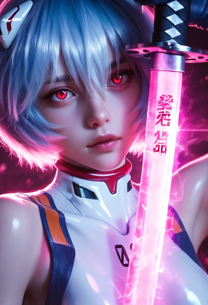 masterpiece, best quality, amazing quality, high resolution, ultra detailed, perfect details, realistic, photorealistic, BSS_AES, very aesthetic, sensitive, 1girl, solo, looking at viewer, short hair, gloves, red eyes, holding, hair between eyes, closed mouth, shoulders, blue hair, upper body, white hair, weapon, parted lips, sleeveless, artist name, signature, sword, holding weapon, blurry, arm up, lips, head tilt, , depth of field, expressionless, glowing, holding sword, portrait, katana, close-up, science fiction, nose, realistic, pilot suit, plugsuit, white , interface headset, glowing weapon, glowing sword, ayanami rei