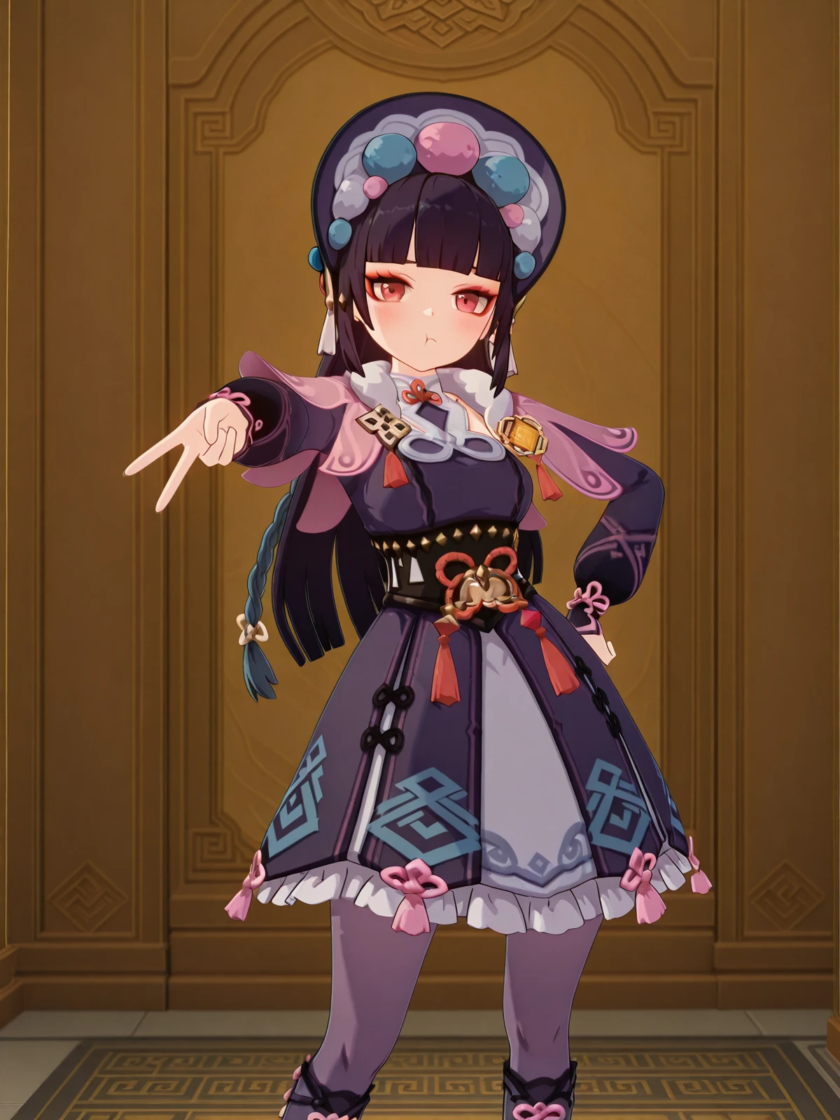 masterpiece, best quality, amazing quality,, <lora:genshin-yun-jin-ingame-illustriousxl-lora-nochekaiser:1>, yun jin, yun jin (genshin impact), black hair, blunt bangs, braid, eyeshadow, long hair, makeup, purple hair, red eyes, red eyeshadow, mature female, medium breasts, 3d, black footwear, boots, chinese clothes, fur trim, hat, knee boots, long sleeves, pantyhose, pom pom (clothes), purple pantyhose,, <lora:gyaru-v-illustriousxl-lora-nochekaiser:1>, gyaruv, solo, looking at viewer, blush, closed mouth, cowboy shot, hand on own hip, v, pout,, museum, exhibits, art, history, visitors, cowboy shot, solo, looking at viewer,