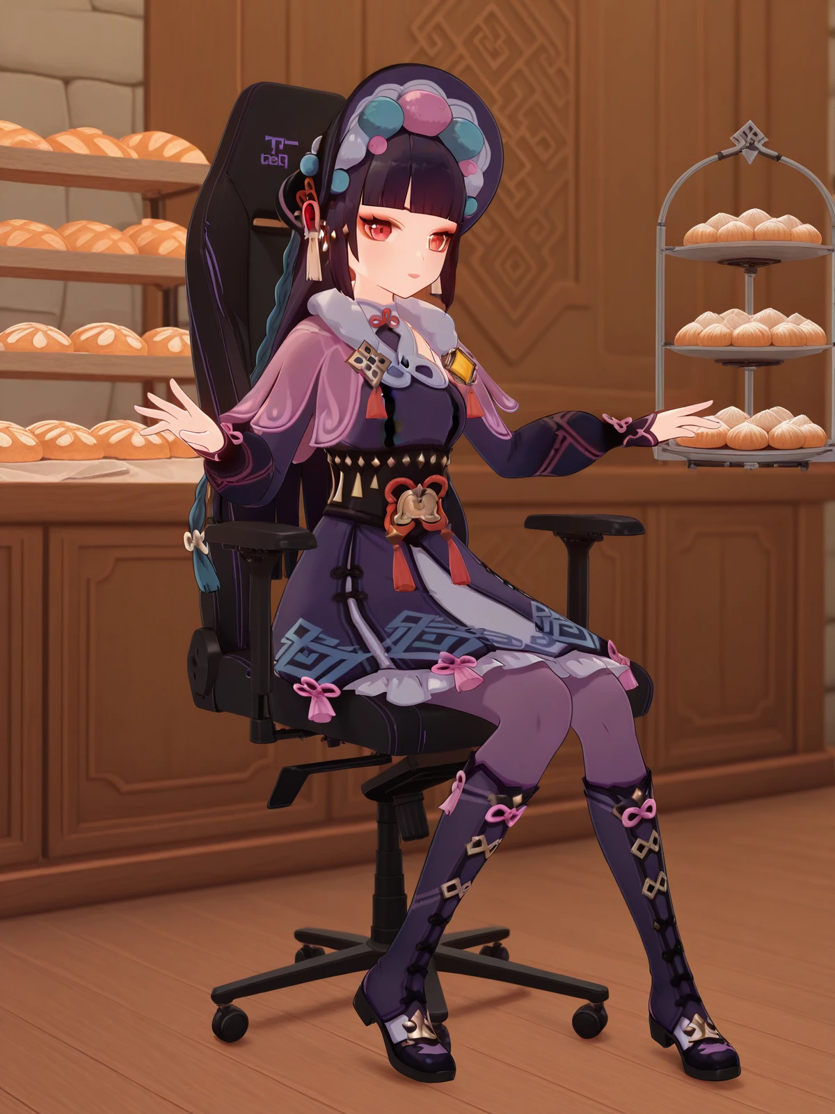 masterpiece, best quality, amazing quality,, <lora:genshin-yun-jin-ingame-illustriousxl-lora-nochekaiser:1>, yun jin, yun jin (genshin impact), black hair, blunt bangs, braid, eyeshadow, long hair, makeup, purple hair, red eyes, red eyeshadow, mature female, medium breasts, 3d, black footwear, boots, chinese clothes, fur trim, hat, knee boots, long sleeves, pantyhose, pom pom (clothes), purple pantyhose,, <lora:secretlab-chair-illustriousxl-lora-nochekaiser:1>, secretlab chair, chair, office chair, gaming chair, sitting, full body, bakery, bread, pastries, sweets,, cowboy shot, solo, looking at viewer,