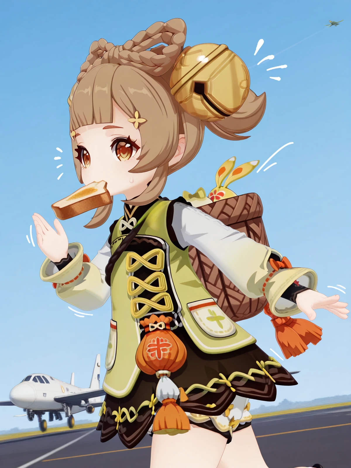 masterpiece, best quality, amazing quality,, <lora:genshin-yaoyao-ingame-illustriousxl-lora-nochekaiser:1>, yaoyao, yaoyao (genshin impact), brown hair, hair ornament, brown eyes, braid, sidelocks, blunt bangs, bell, jingle bell, hair bell, bow-shaped hair, 3d, long sleeves, dress, jacket, puffy sleeves, fur trim, chinese clothes, puffy long sleeves, bloomers, white bloomers,, <lora:food-in-mouth-running-illustriousxl-lora-nochekaiser:1>, food in mouth running, food in mouth, running, bread, bread slice, food, toast in mouth, toast, sweatdrop, motion lines, motion blur, outdoors, feet out of frame, from side, airfield, planes, runway, open_space, aviation, cowboy shot, solo, looking at viewer,