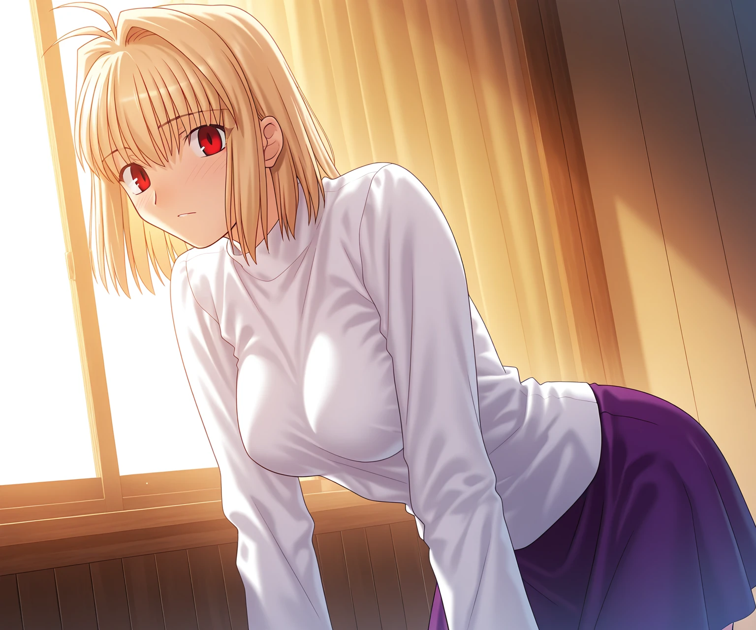 masterpiece, best quality, amazing quality, , 1girl, solo, looking at viewer, <lora:Fate_SNHA_style_ILL-v2:1> fatesnhastyle, game cg, arcueid brunestud, white shirt, purple skirt,