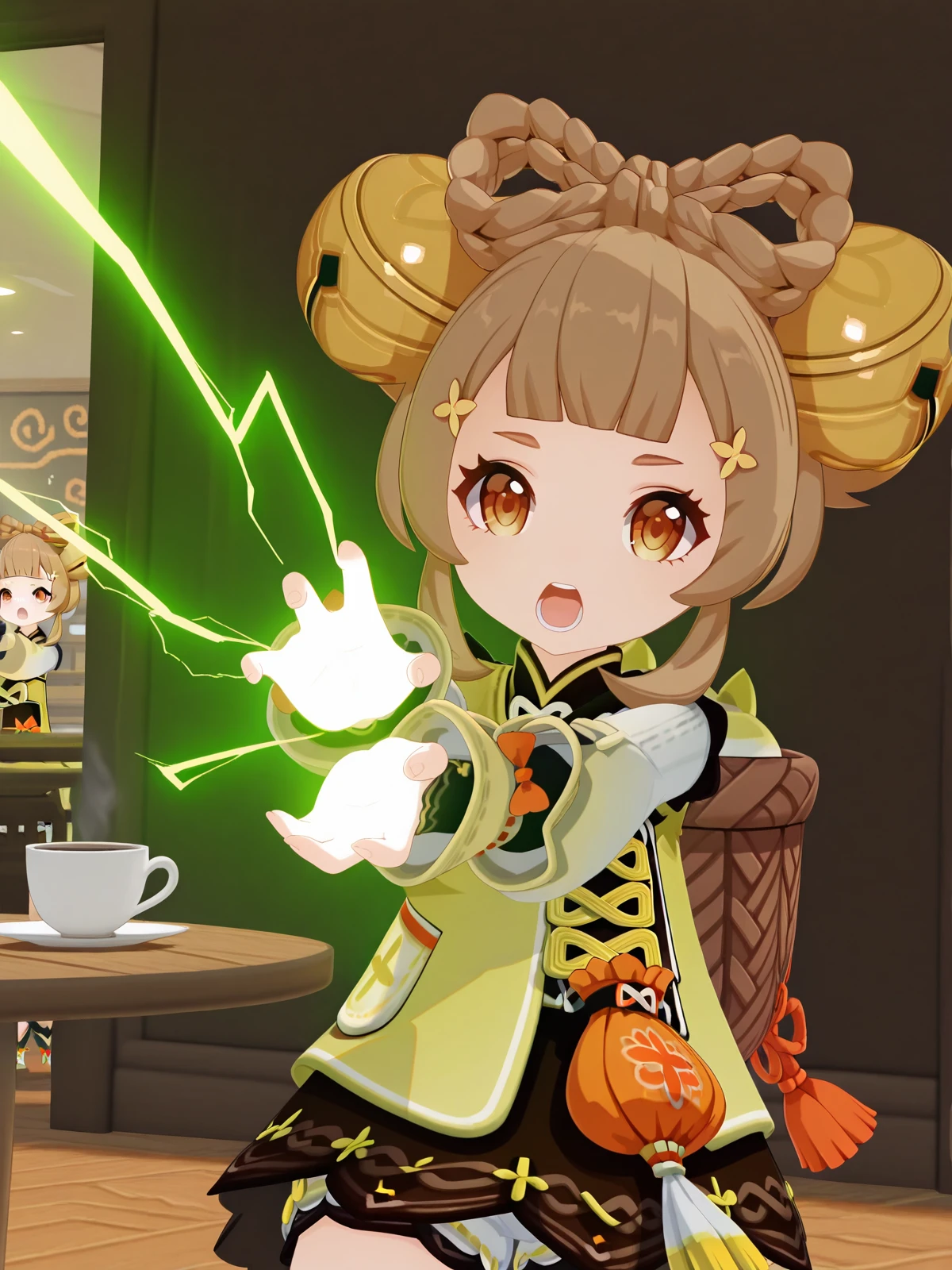 masterpiece, best quality, amazing quality,, <lora:genshin-yaoyao-ingame-illustriousxl-lora-nochekaiser:1>, yaoyao, yaoyao (genshin impact), brown hair, hair ornament, brown eyes, braid, sidelocks, blunt bangs, bell, jingle bell, hair bell, bow-shaped hair, 3d, long sleeves, dress, jacket, puffy sleeves, fur trim, chinese clothes, puffy long sleeves, bloomers, white bloomers,, <lora:kamehameha-illustriousxl-lora-nochekaiser:1>, kamehameha, kamehameha (dragon ball), open mouth, incoming attack, torn clothes, shouting, energy, energy beam, energy ball, electricity,, cafe, coffee, table, chairs, casual, cowboy shot, solo, looking at viewer,